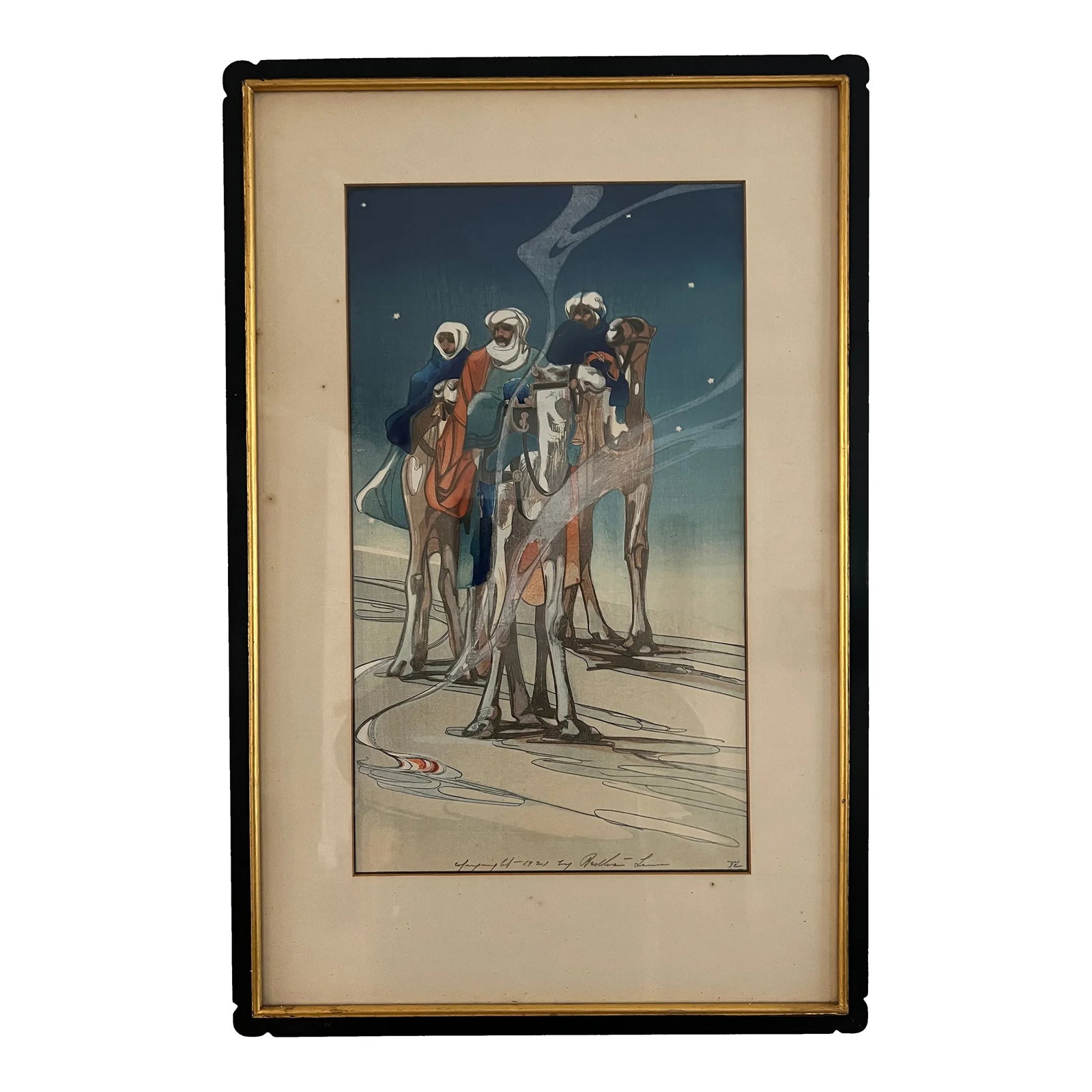 Vintage Bertha Lum Three Wise Men Original Color Woodcut Signed Dated Japanese Inspired: Three men mounted atop camels gazing intently into the distance at left, stars glow in the deep blue night sky above. Near the ground in the fore is a glowing ember and smoke like form, possibly