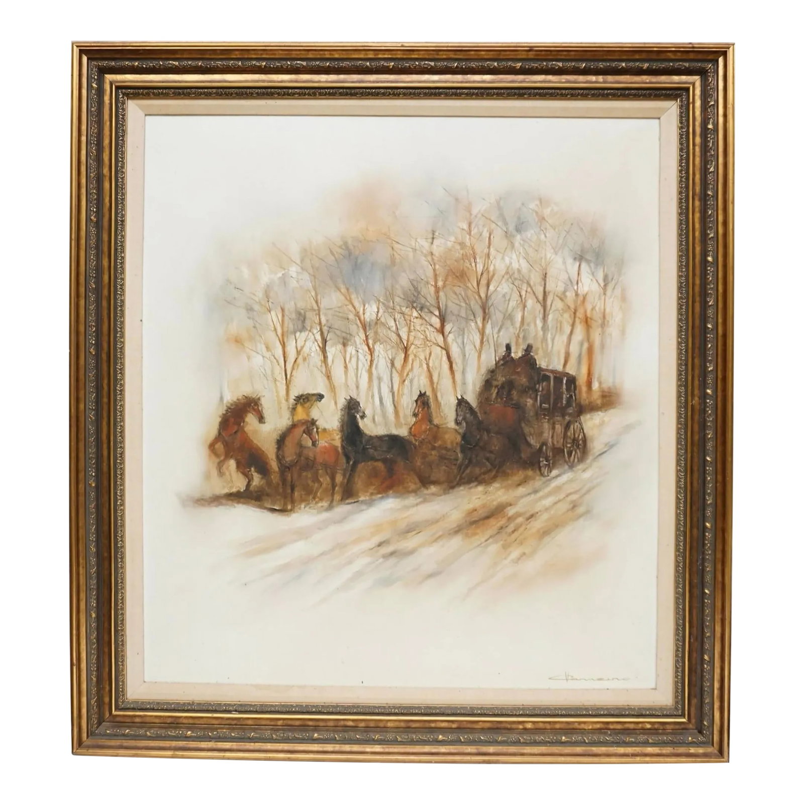 Mid-Century Large Signed Oil on Canvas - Western Horse & Carriage Gilt Framed: This is a large scale signed oil on canvas with a western theme. The artist is Brazilian, and his name was Vicente Carneiro. He was born in 1927, and he passed away in 2005. Condition: Alterations: Or
