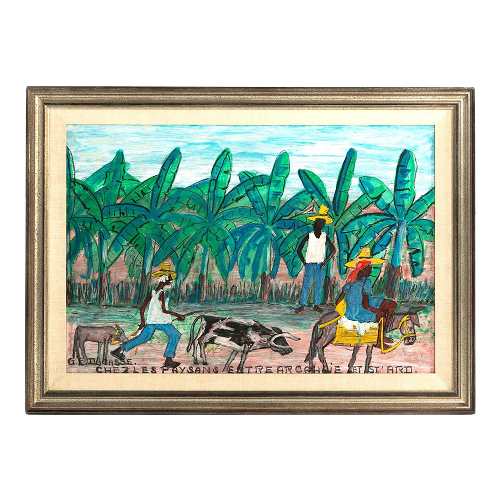 Mid 20th Century Original Signed Haitian Artist Gervais Emmanuel Ducasse "Ches Les Paysans Entre Arc: Original Signed Haitian Artist Gervais Emmanuel Ducasse "Ches Les Paysans Entre Arcanhsie Et St' Ard". Artist; Gervais Emmanuel Ducasse (Haitian, 1903-1988) Oil on masonite, signed "G.E. Ducasse" ll,