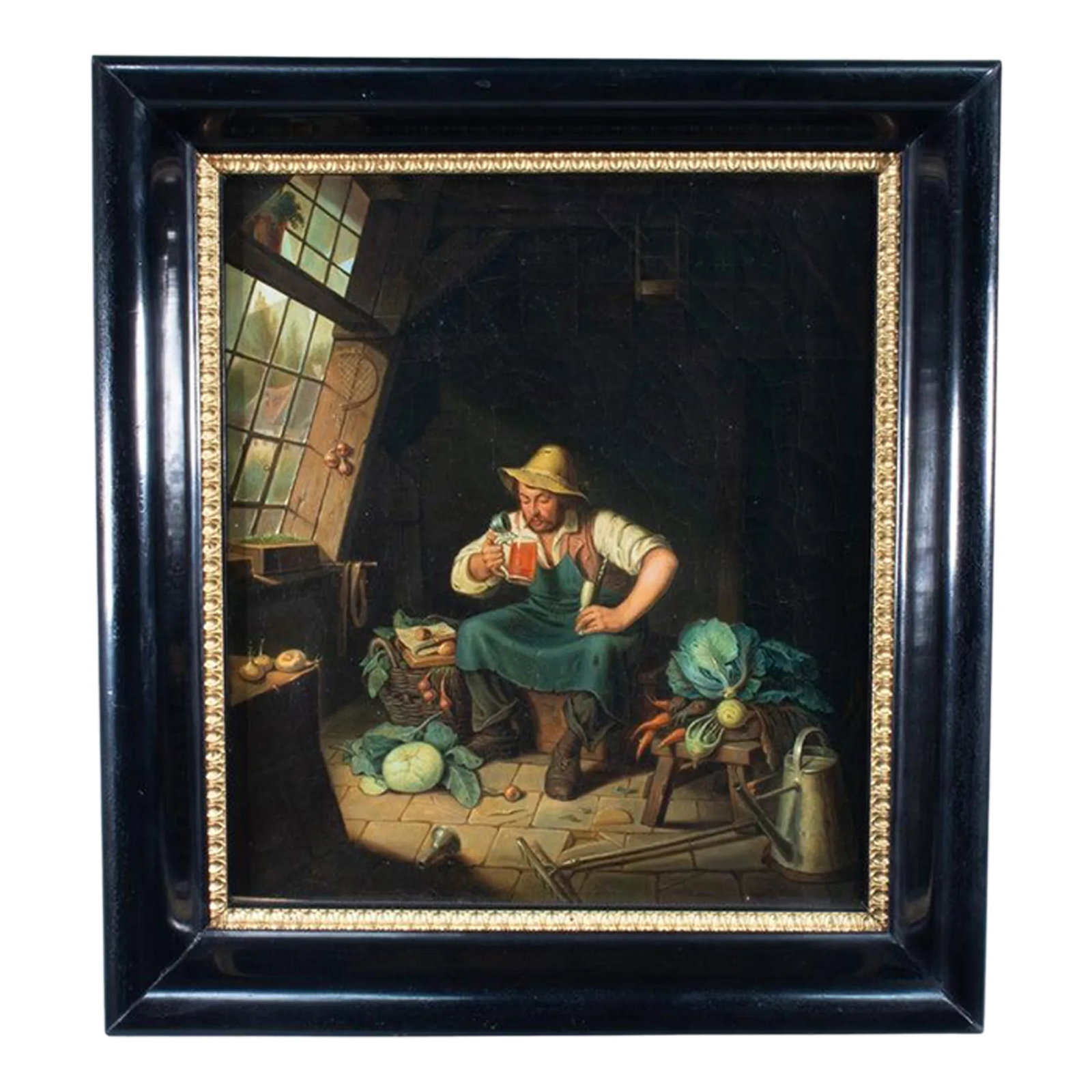 Mid-19th Century Continental Oil on Canvas of Man Drinking: This charming continental oil on canvas depicts a peasant man hunched over on a wooden crate enjoying a drink in one hand and holding a pipe in the other. The scene surrounding him has a variety of lu