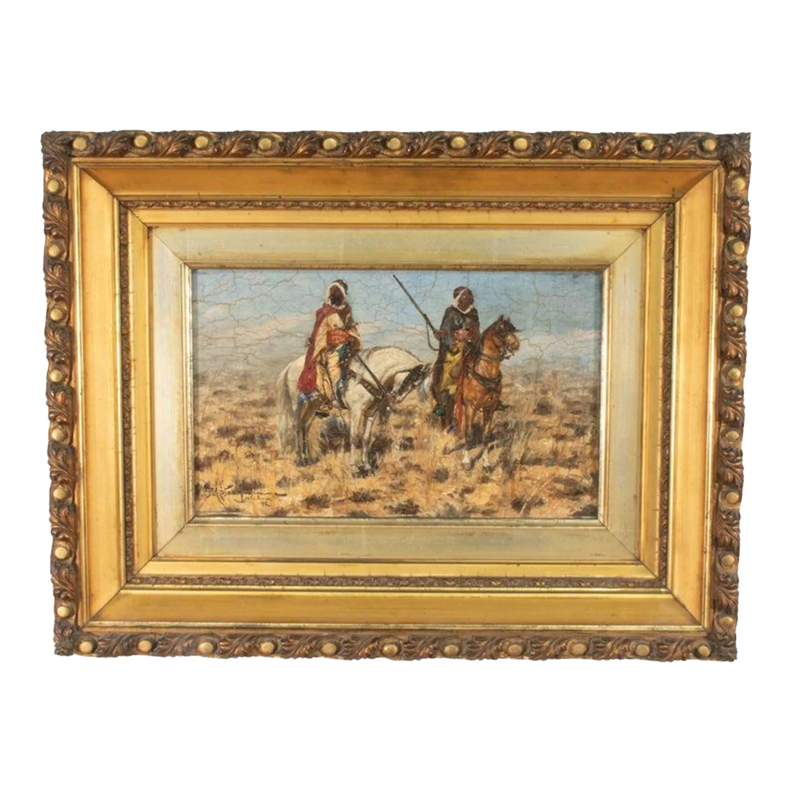 Late 19th Century Oil on Mahogany Board of Bedouin Men by Heinrich Maria Staakmann (Germany 1852-194: This late nineteenth-century oil-on-mahogany board by German painter Heinrich Maria Staakmann (1852-1940) depicts two Bedouin men suited for combat on horseback against a trampled desert landscape.