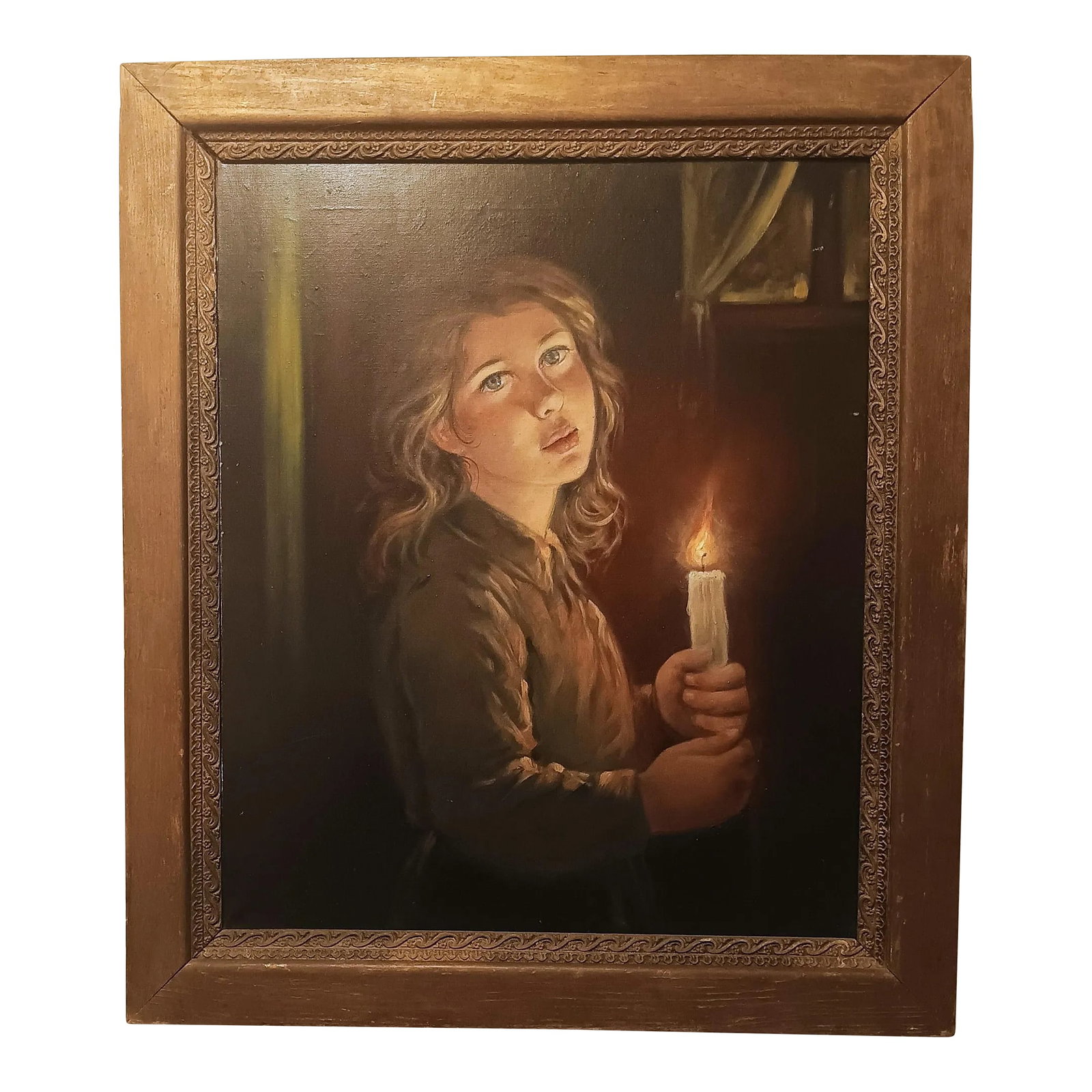 Mid 20th Century Vintage Oil Painting on Canvas of Young Girl With a Candle, Framed: Vintage oil on canvass of beautiful young girl with a candle A captivating vintage oil on canvass painting of a young woman in candlelight Unsigned but apparently in the Italian or Dutch tradition F