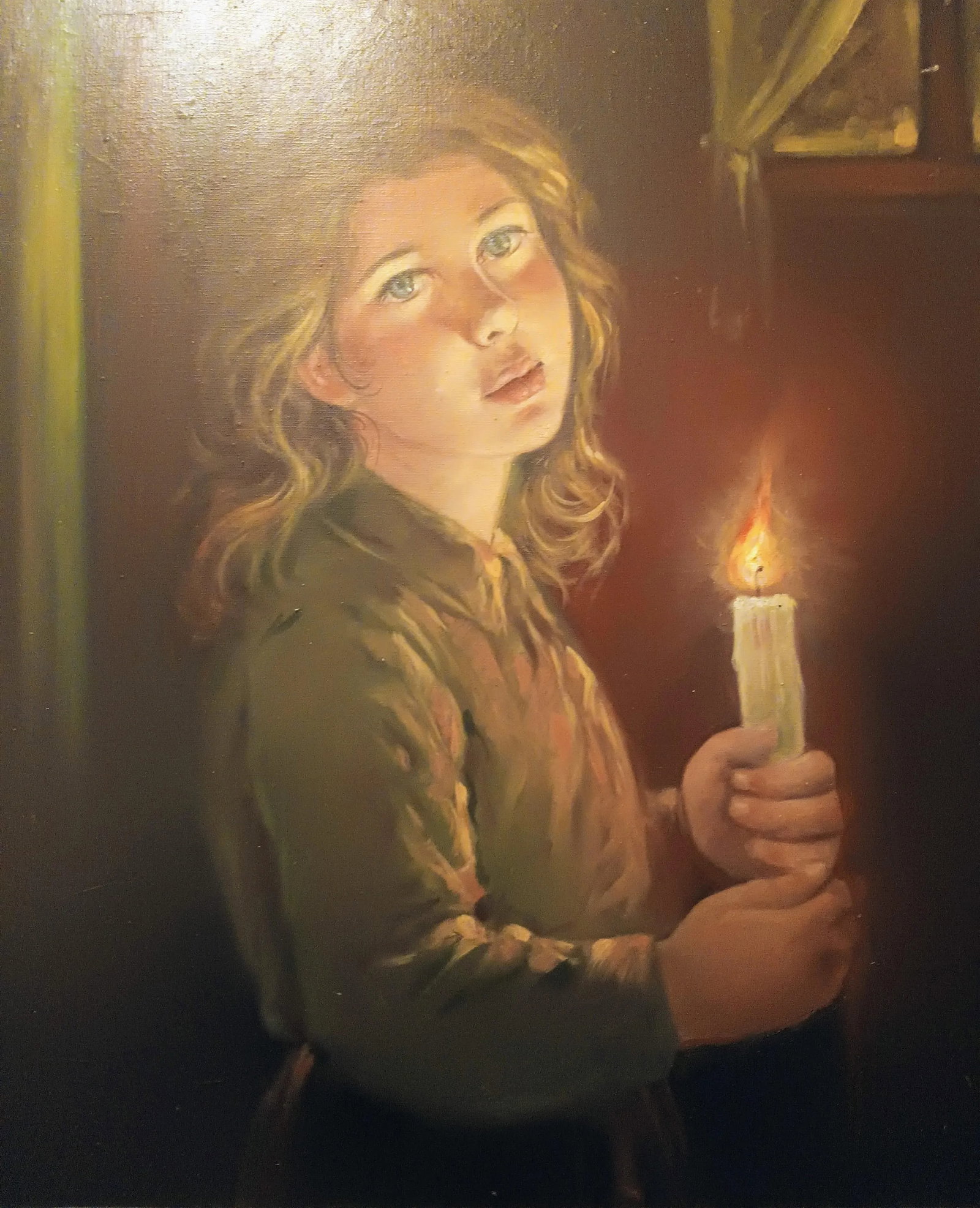 Mid 20th Century Vintage Oil Painting on Canvas of Young Girl With a Candle, Framed - 2
