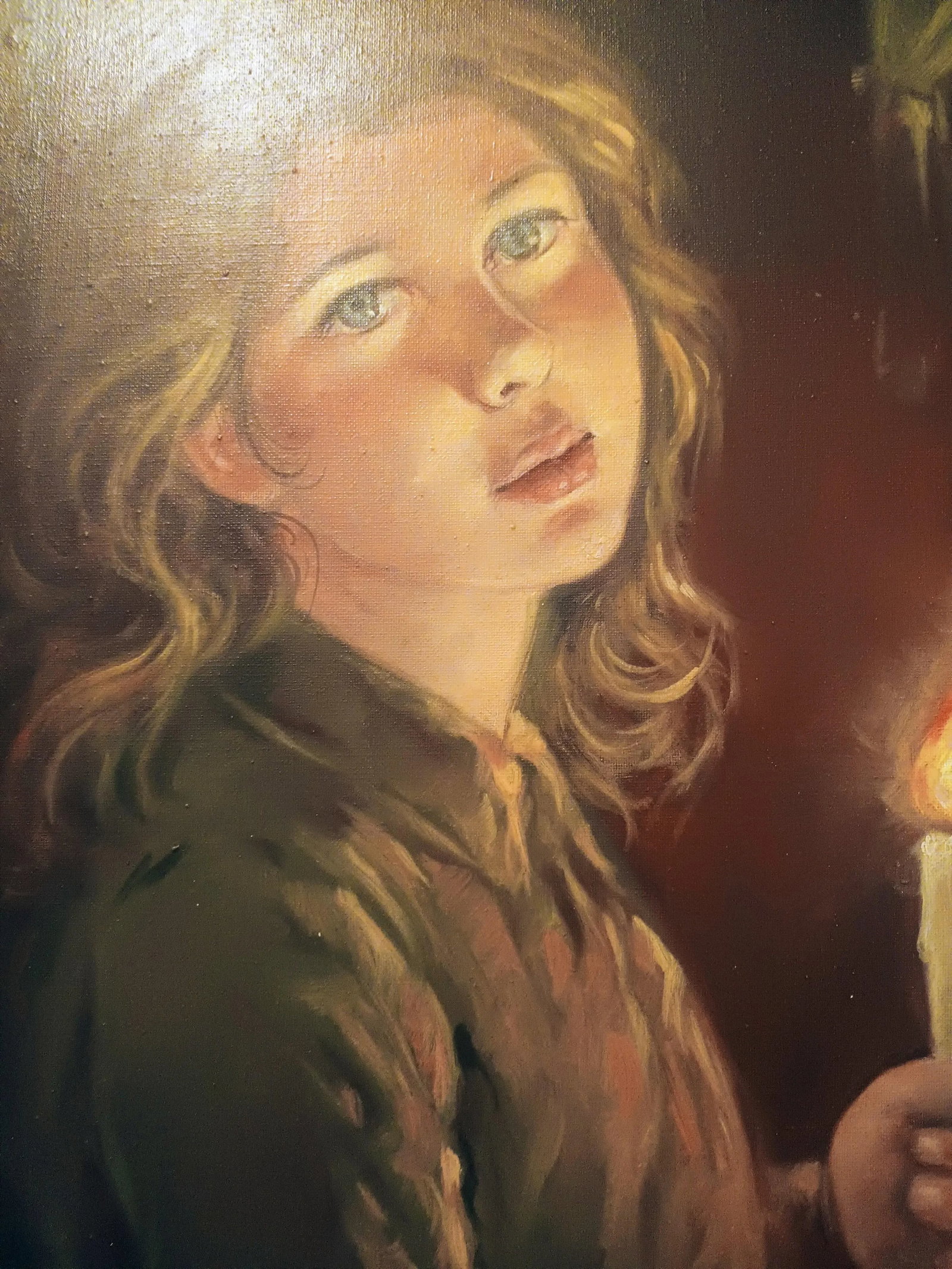 Mid 20th Century Vintage Oil Painting on Canvas of Young Girl With a Candle, Framed - 4