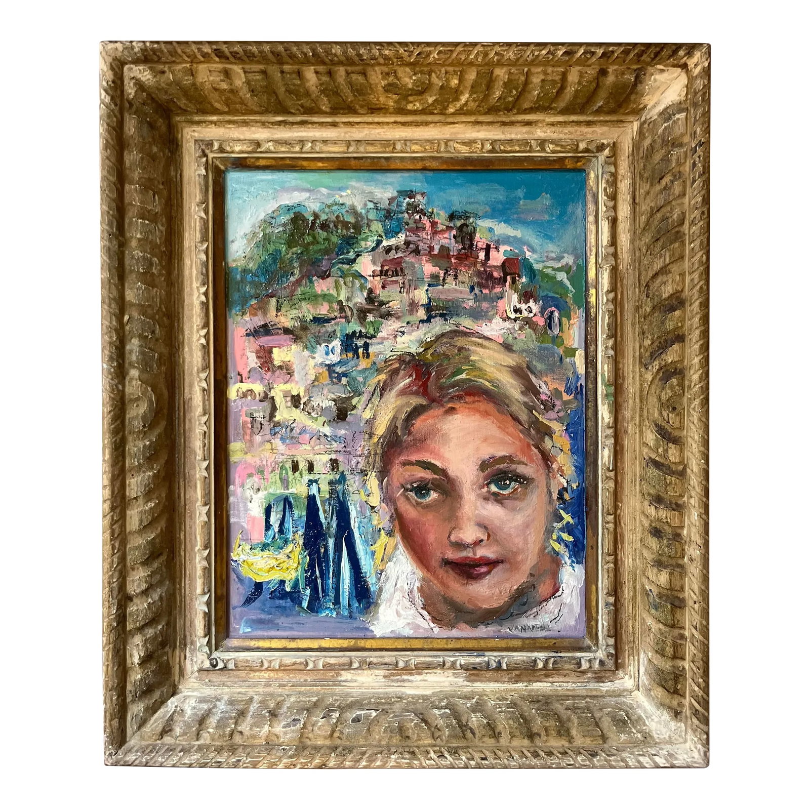 Wish You Were Here, Oil Painting, by Van Ness, Vintage Wood Frame: Wish You Were Here, painting of a young woman, Positano, Italy in the background. Oil painting on canvas, vintage wood frame, ready to hang, great gift. One-of-a-kind piece. A young woman is on