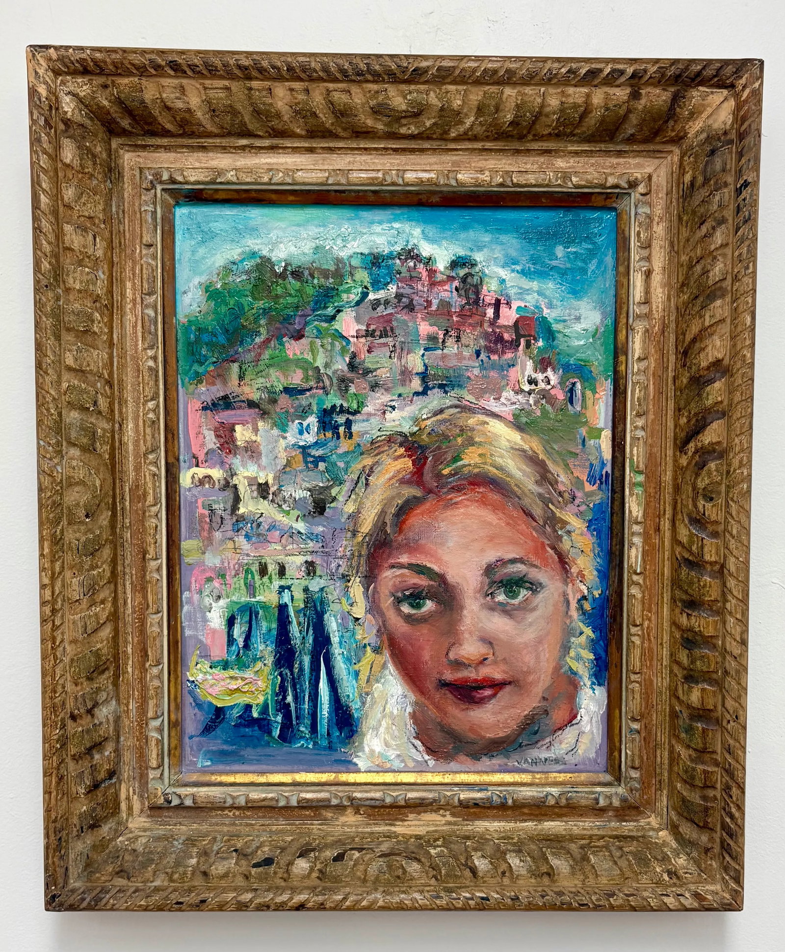 Wish You Were Here, Oil Painting, by Van Ness, Vintage Wood Frame - 3
