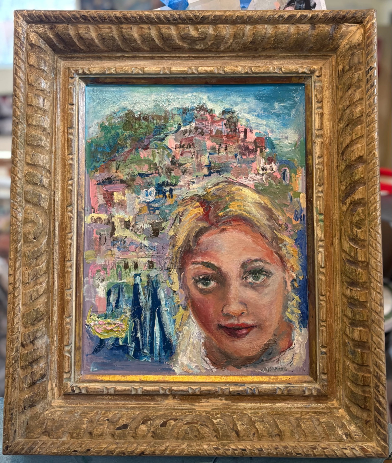 Wish You Were Here, Oil Painting, by Van Ness, Vintage Wood Frame - 4