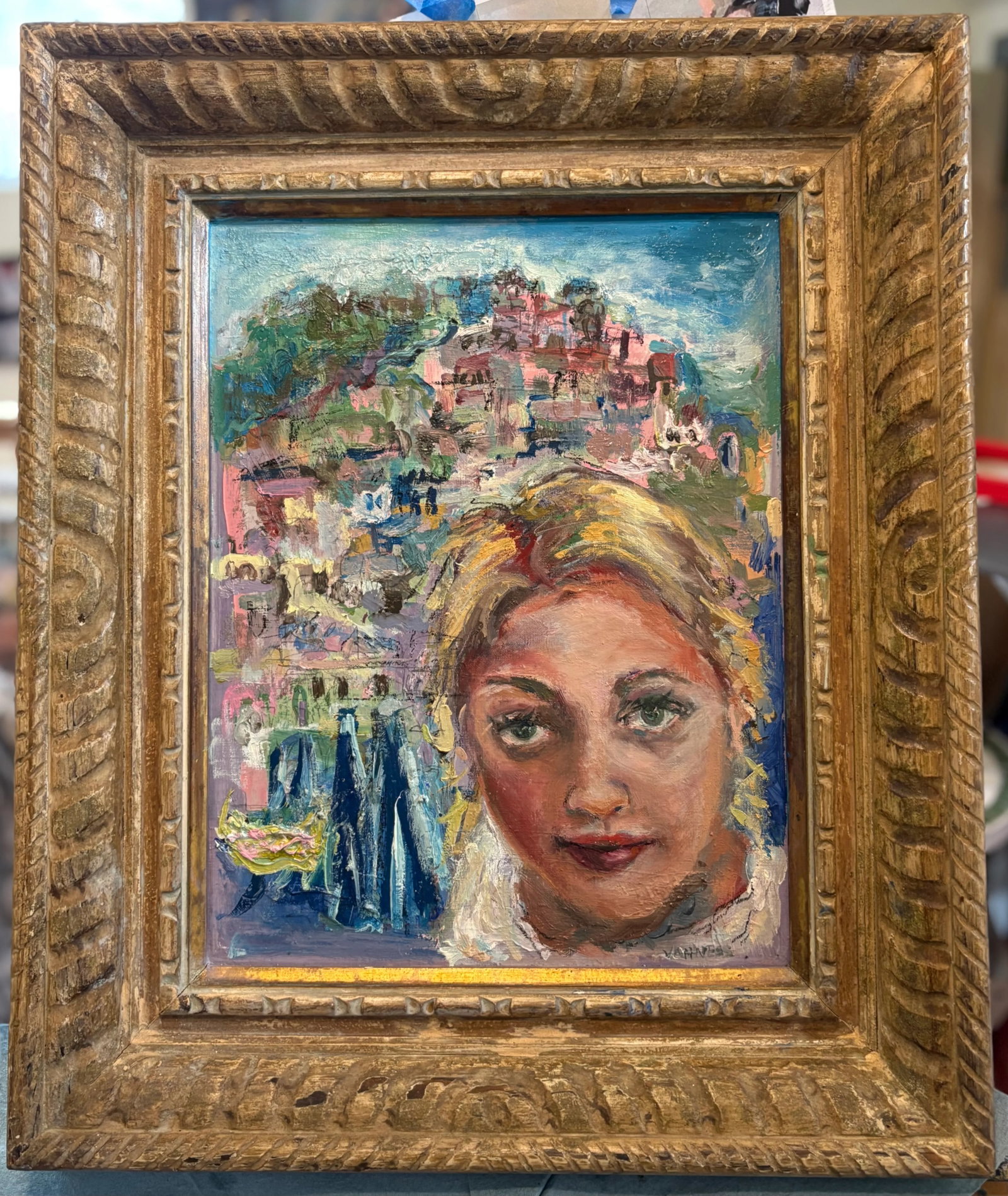 Wish You Were Here, Oil Painting, by Van Ness, Vintage Wood Frame - 6