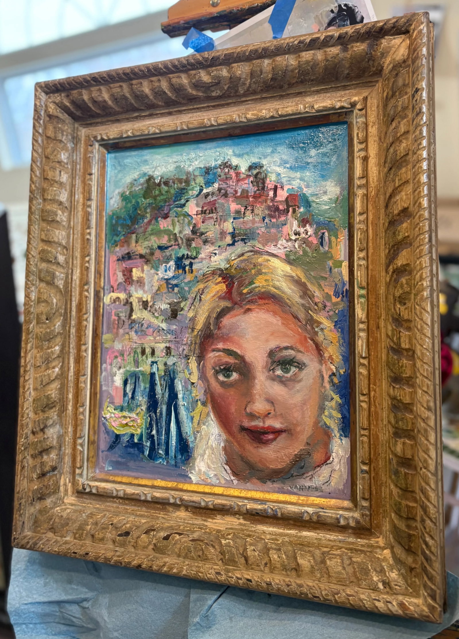 Wish You Were Here, Oil Painting, by Van Ness, Vintage Wood Frame - 7