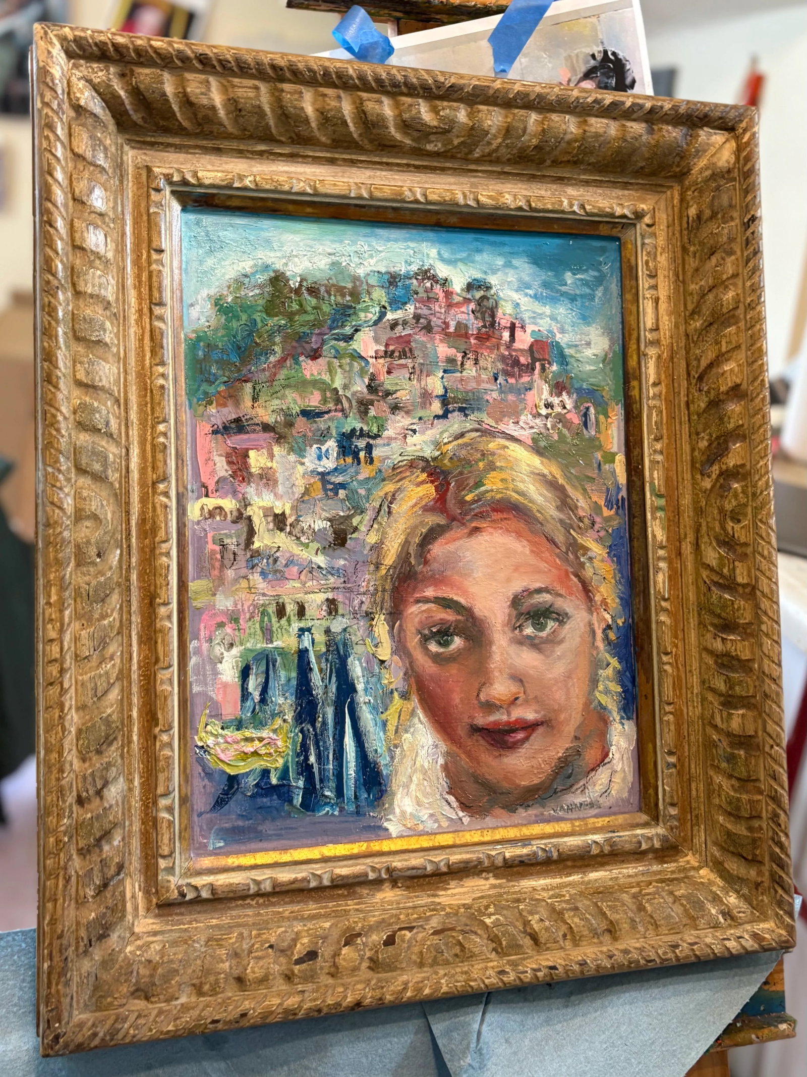 Wish You Were Here, Oil Painting, by Van Ness, Vintage Wood Frame - 8