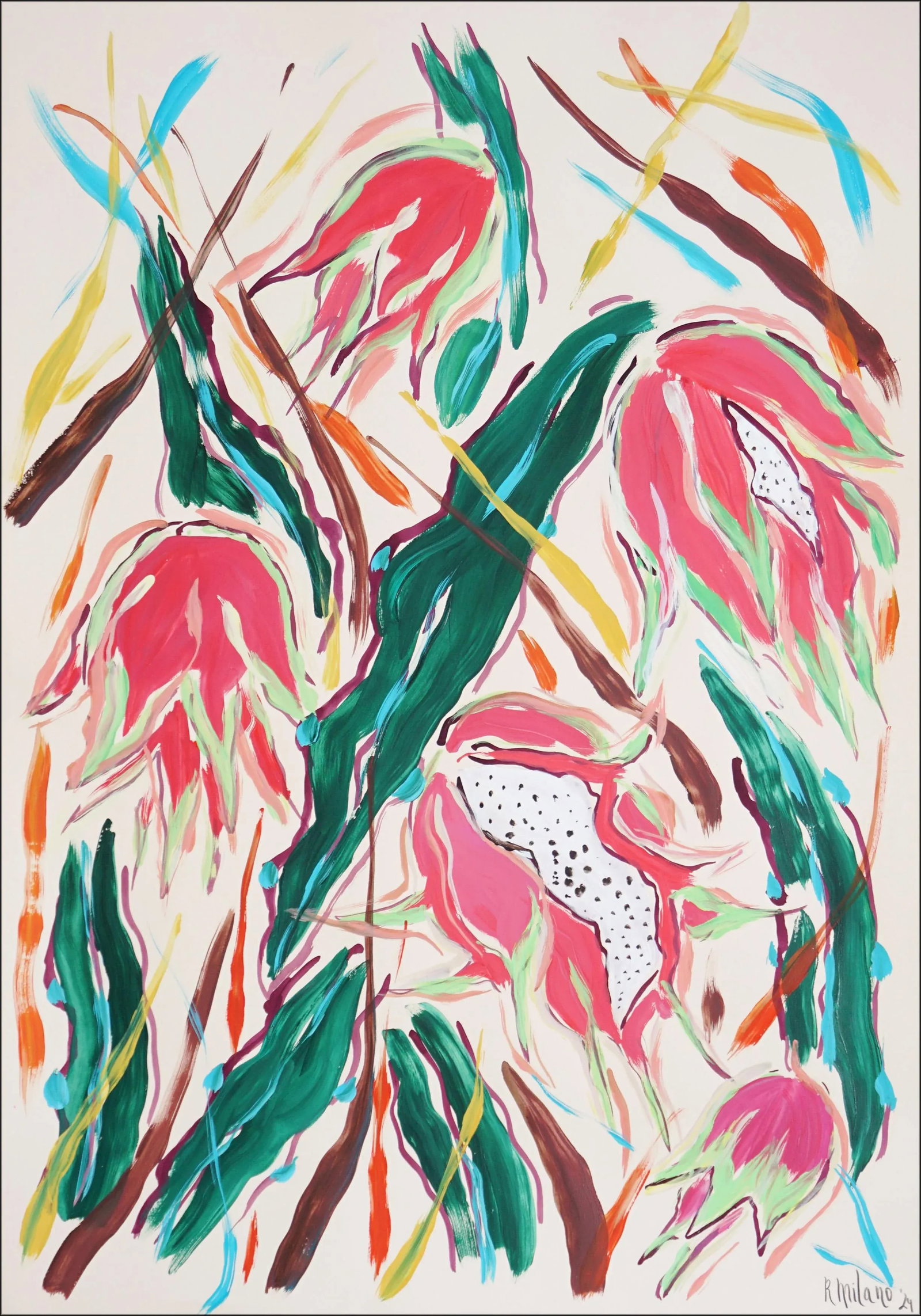 2024, Illustration Style Painting of Dragon Fruit Bush, Acrylic Painting and India Ink on Watercolor: Dragon Fruit Bush is an abstract expressionist painting by Romina Milano where a dance of black gestures unfolds across colorful brushstrokes infused with raw emotion. Romina Milano is an Italian