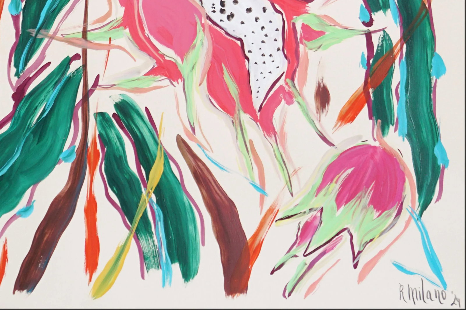 2024, Illustration Style Painting of Dragon Fruit Bush, Acrylic Painting and India Ink on Watercolor - 7