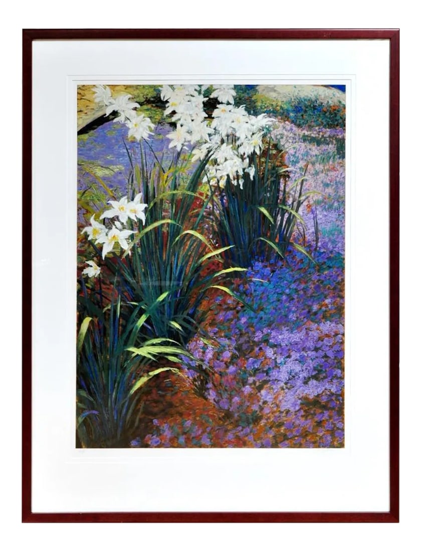 Large (42"x54") Framed Limited Edition Serigraph Depicting Lilies Around a Pond: (YOU CAN MAKE REASONABLE OFFERS.) This is a beautiful framed serigraph depicting lilies around a pond. It is framed in an expensive mahogany colored frame with matting, etc. The limited edition