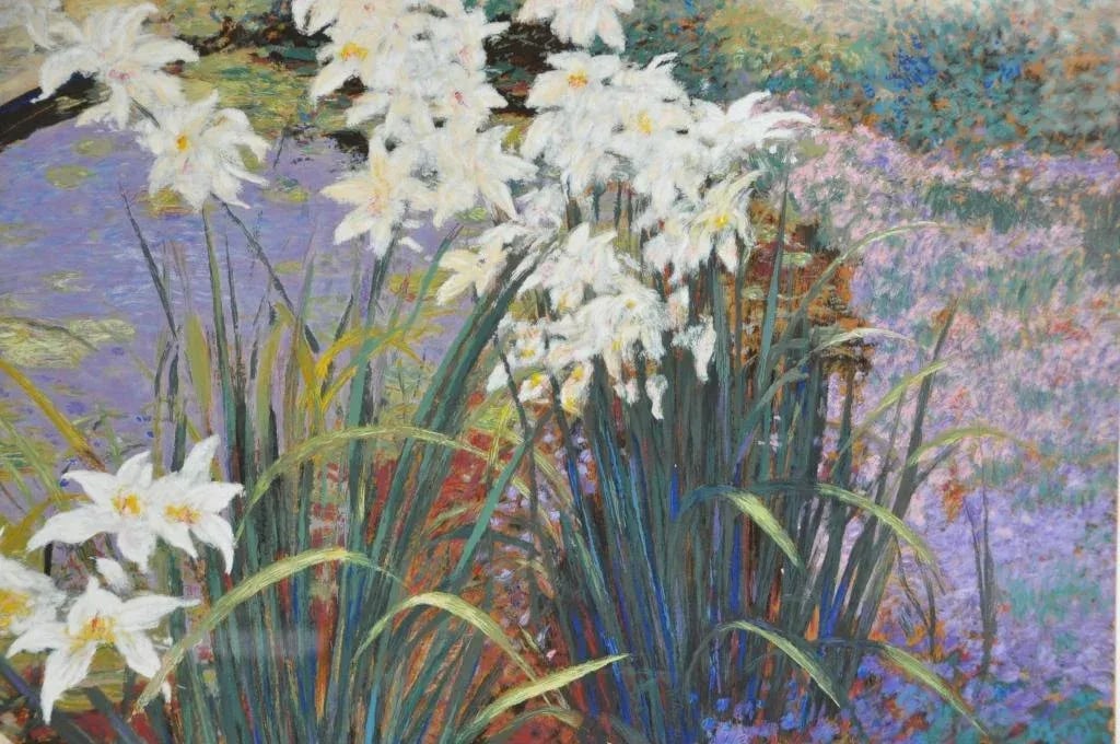 Large (42"x54") Framed Limited Edition Serigraph Depicting Lilies Around a Pond - 7