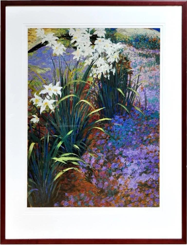 Large (42"x54") Framed Limited Edition Serigraph Depicting Lilies Around a Pond - 8