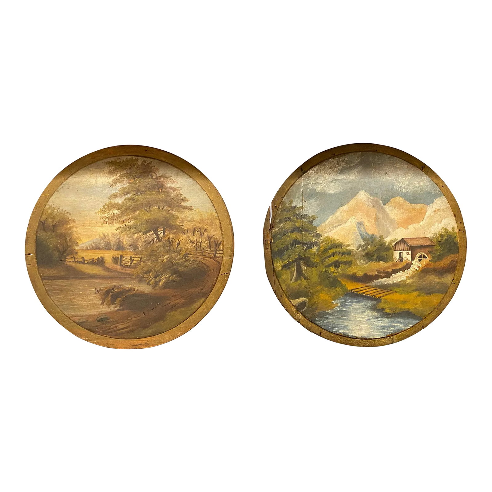 A Pair of Beautiful English Wooden Wine Barrel Lid Oil Paintings, Dating End of 18th Century, Beginn (1 of 4)