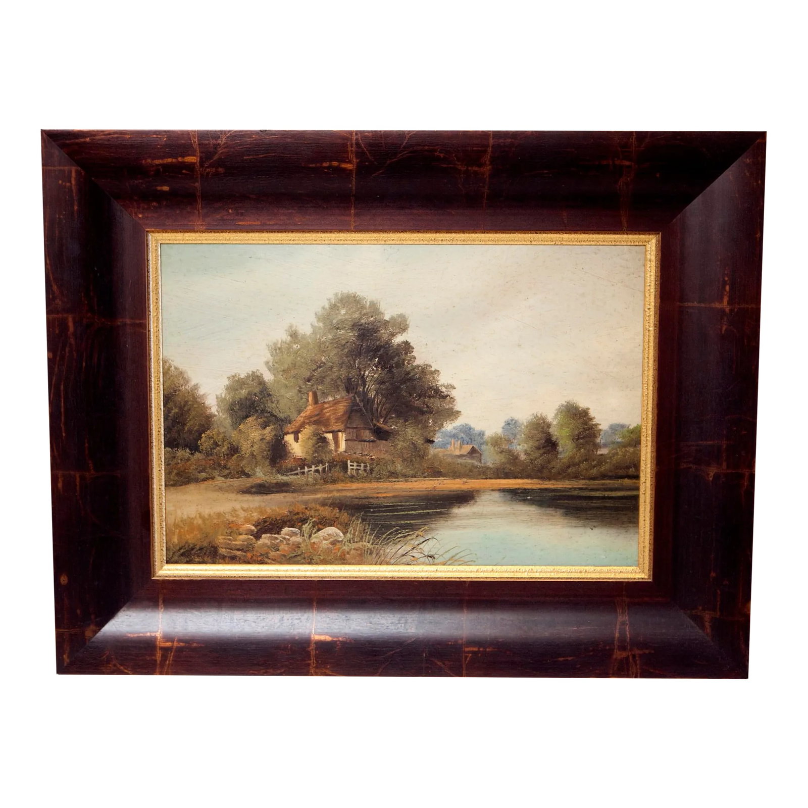 1930s English Impressionist Landscape Painting, Cottage by River: An original 1930s English impressionist landscape painting on board, depicting a tranquil, bucolic thatched cottage along a serene riverbed. The thick, painterly brushwork and classic composition are 