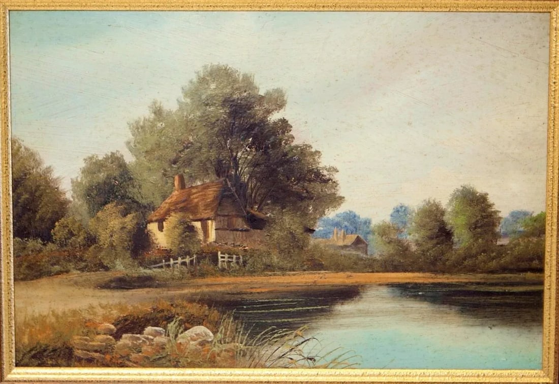 1930s English Impressionist Landscape Painting, Cottage by River - 2