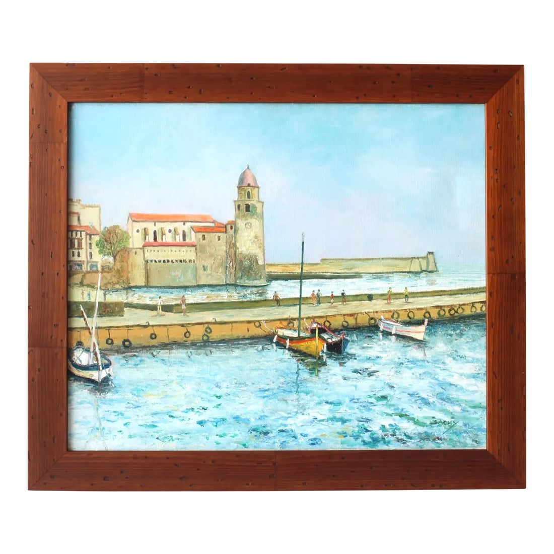 Mid 20th Century Mid Century French Coastal Harbor Scene, Framed: A stunning midcentury French harbor scene featuring colorful boats docked along a peaceful waterfront. The vibrant blues and serene coastal setting are beautifully framed by rustic wooden details.