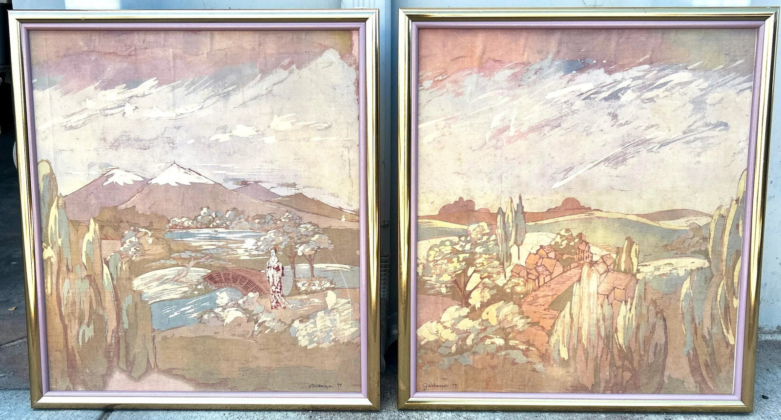 1970s Original Signed J. Wehmeyer Batik Landscape Paintings, Framed - Set of 2 - 2