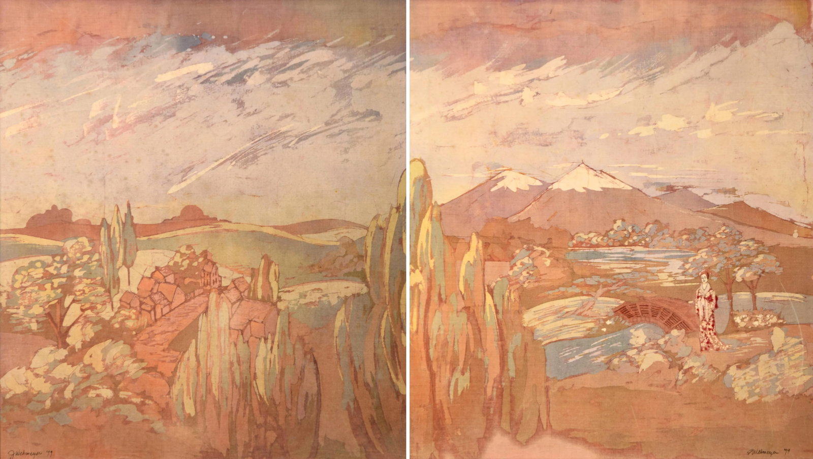 1970s Original Signed J. Wehmeyer Batik Landscape Paintings, Framed - Set of 2 - 3
