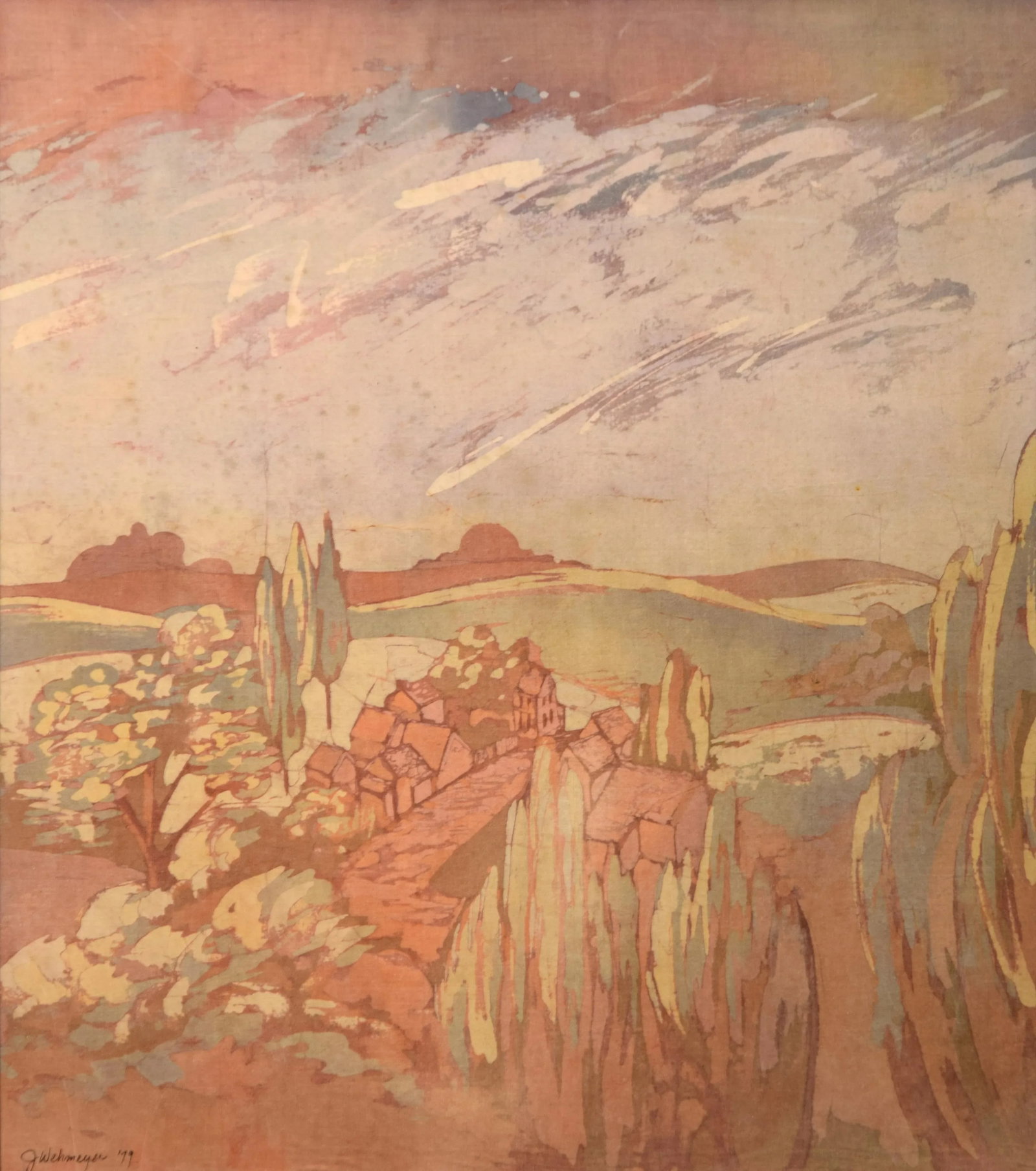 1970s Original Signed J. Wehmeyer Batik Landscape Paintings, Framed - Set of 2 - 7