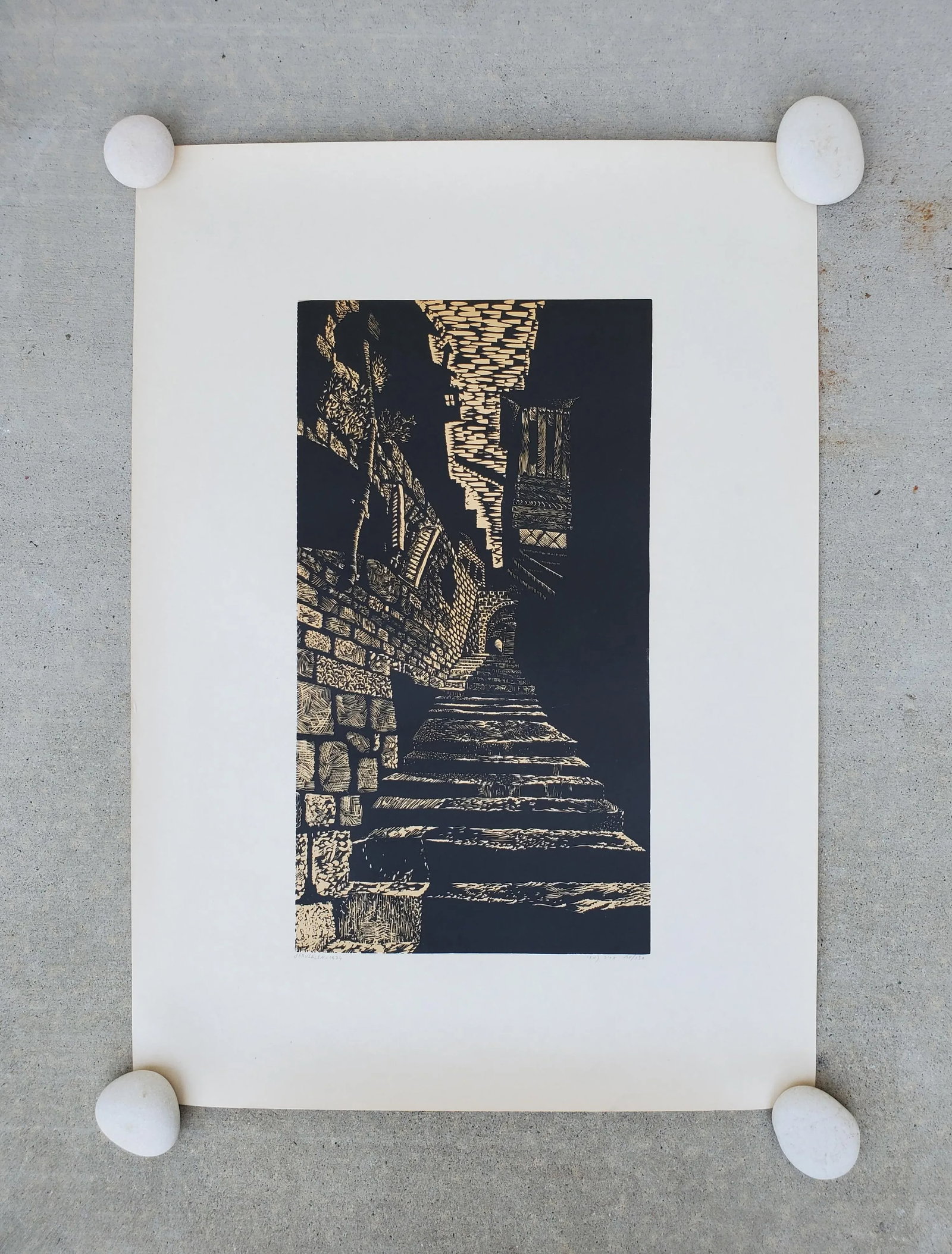A Vintage Linocut Block Print Signed Arieh Kimhi, Jerusalem 1974, Numbered 10/130 - 10