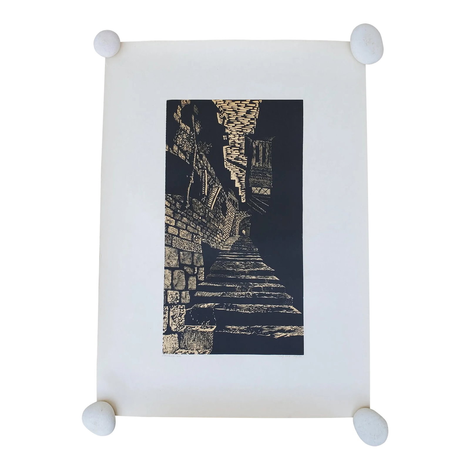 A Vintage Linocut Block Print Signed Arieh Kimhi, Jerusalem 1974, Numbered 10/130 (1 of 12)