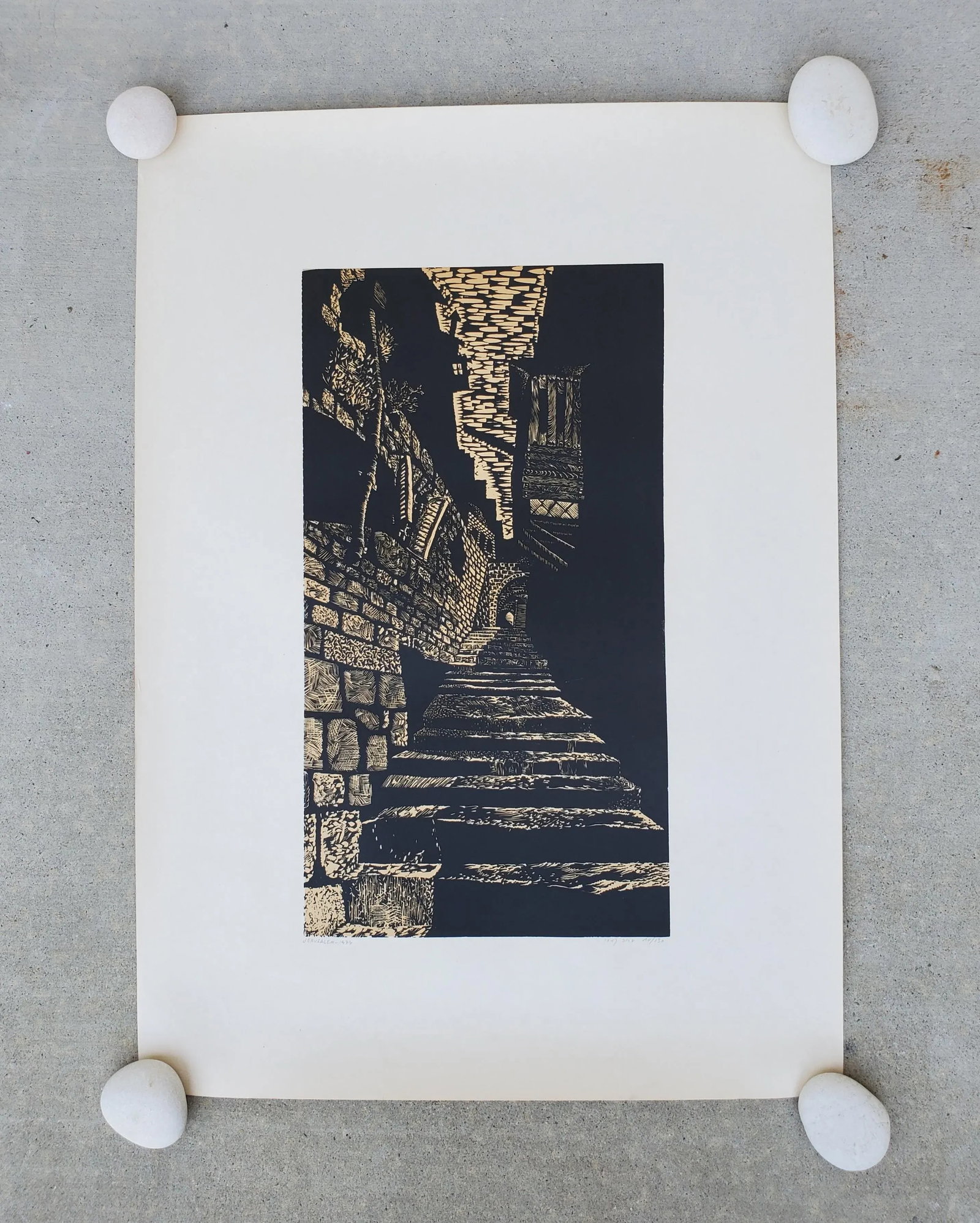 A Vintage Linocut Block Print Signed Arieh Kimhi, Jerusalem 1974, Numbered 10/130 - 6