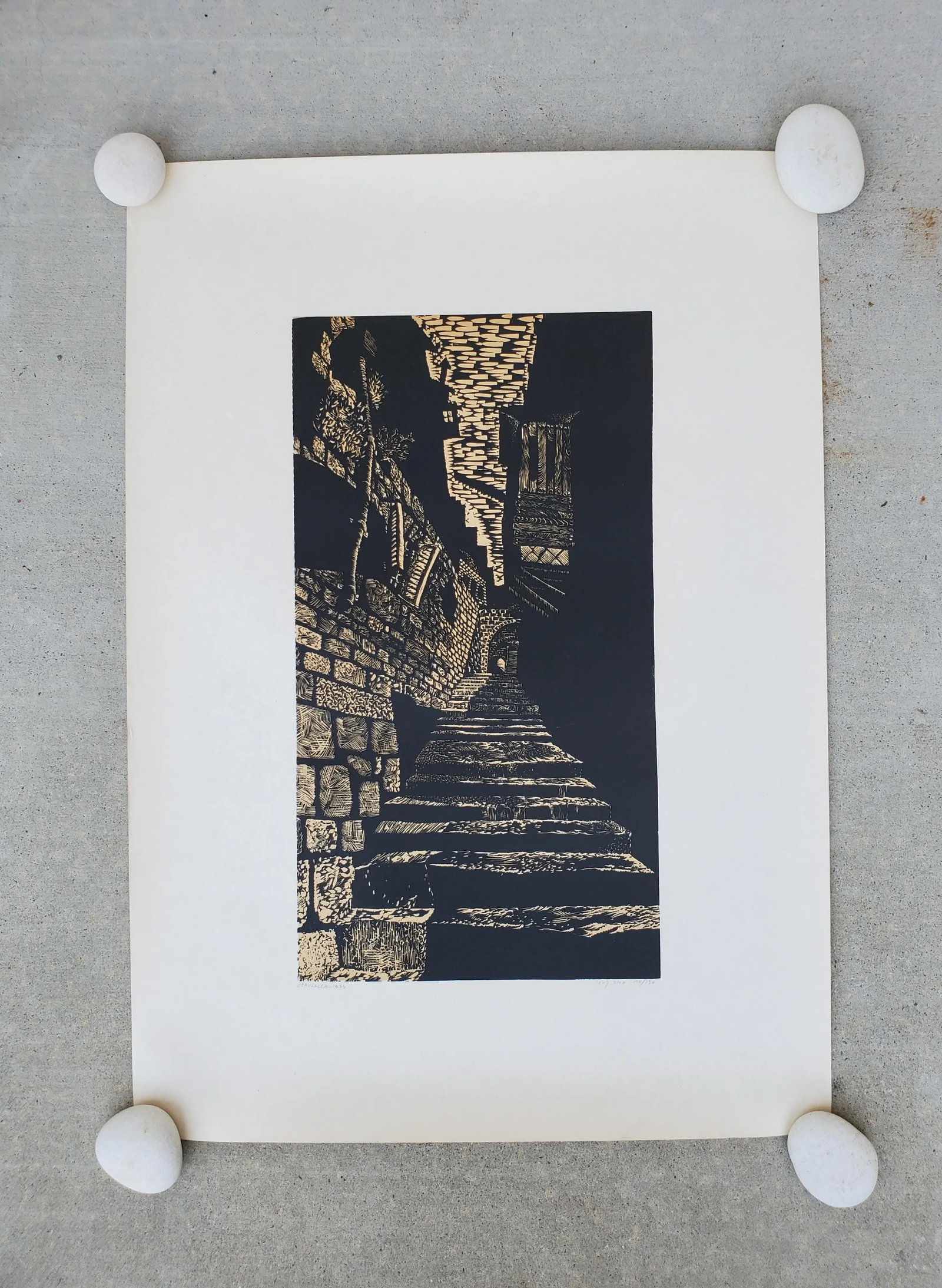 A Vintage Linocut Block Print Signed Arieh Kimhi, Jerusalem 1974, Numbered 10/130 - 8