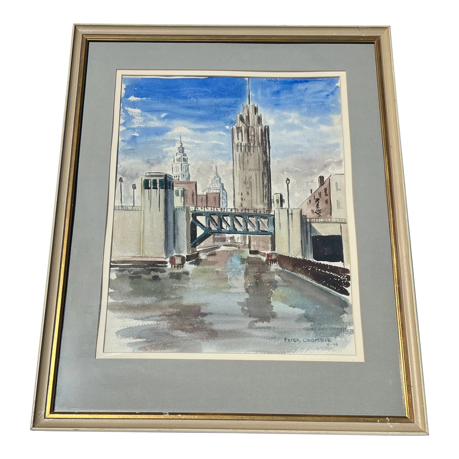 Watercolor of Chicago by Peter Crombie Hand Signed -Michigan Ave Bridge, Palmolive Bldg 1949 (1 of 6)