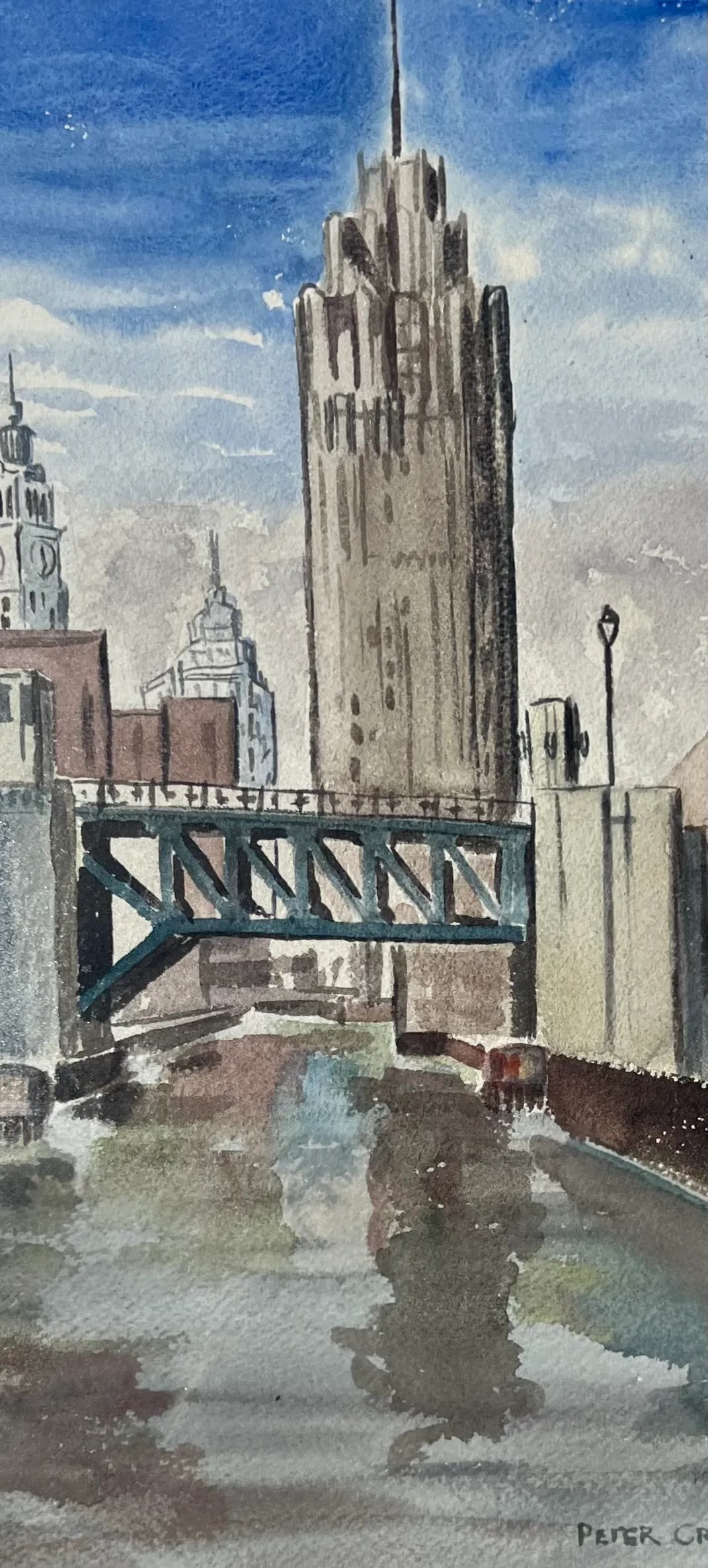 Watercolor of Chicago by Peter Crombie Hand Signed -Michigan Ave Bridge, Palmolive Bldg 1949 - 2