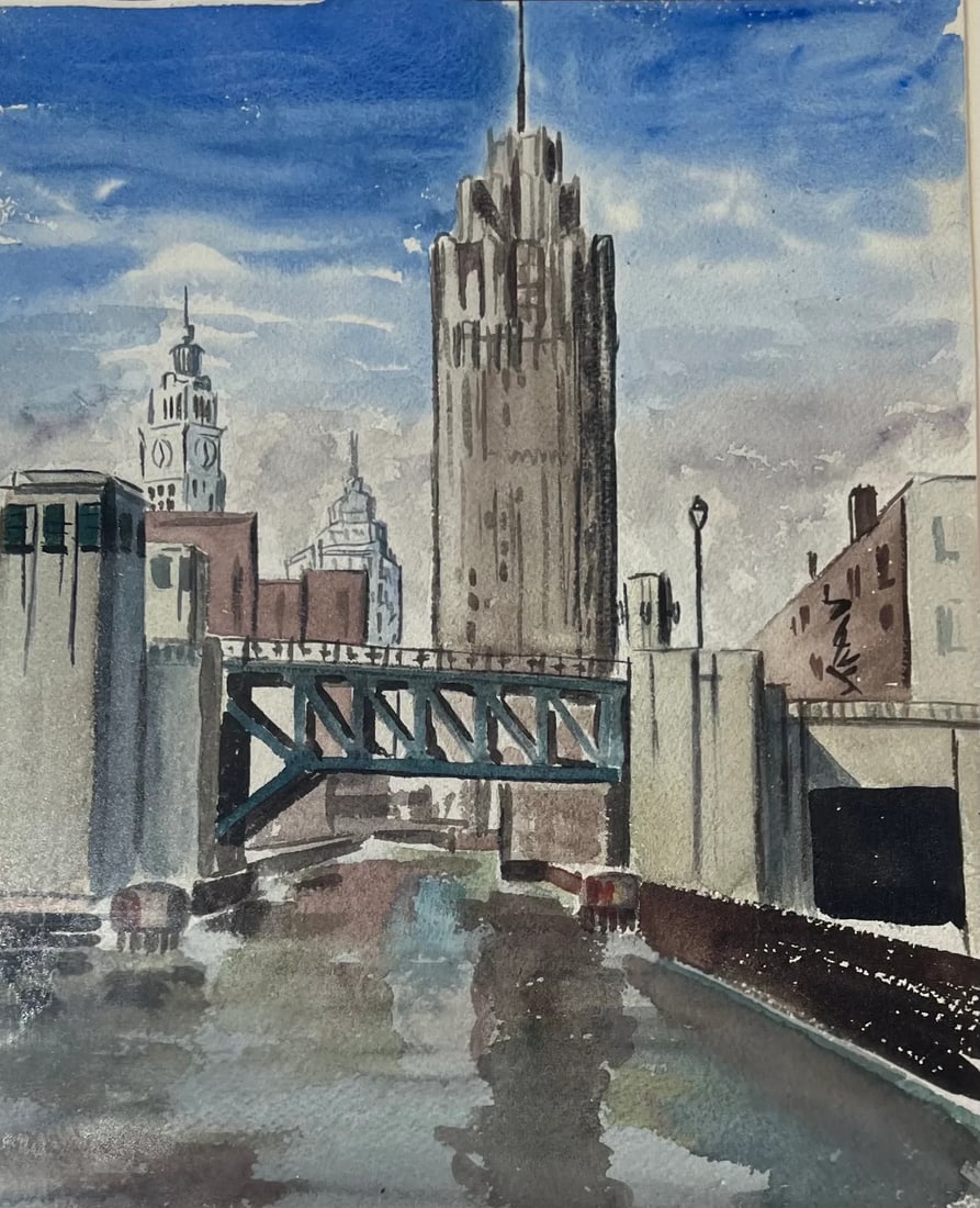 Watercolor of Chicago by Peter Crombie Hand Signed -Michigan Ave Bridge, Palmolive Bldg 1949 - 3