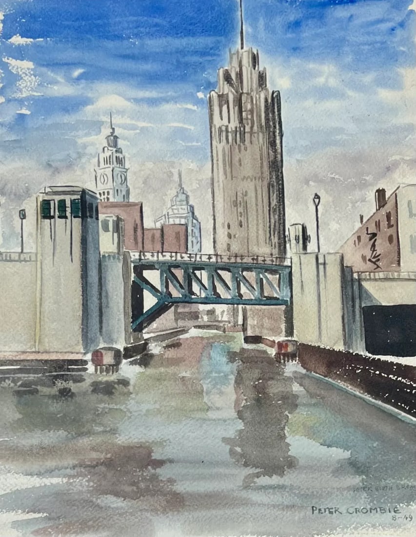Watercolor of Chicago by Peter Crombie Hand Signed -Michigan Ave Bridge, Palmolive Bldg 1949 - 5