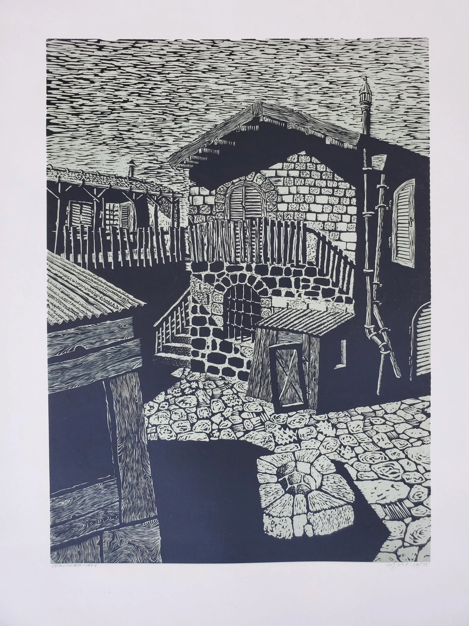 A Vintage Linocut Block Print Signed Arieh Kimhi, Jerusalem 1974, Numbered 10/135 - 10