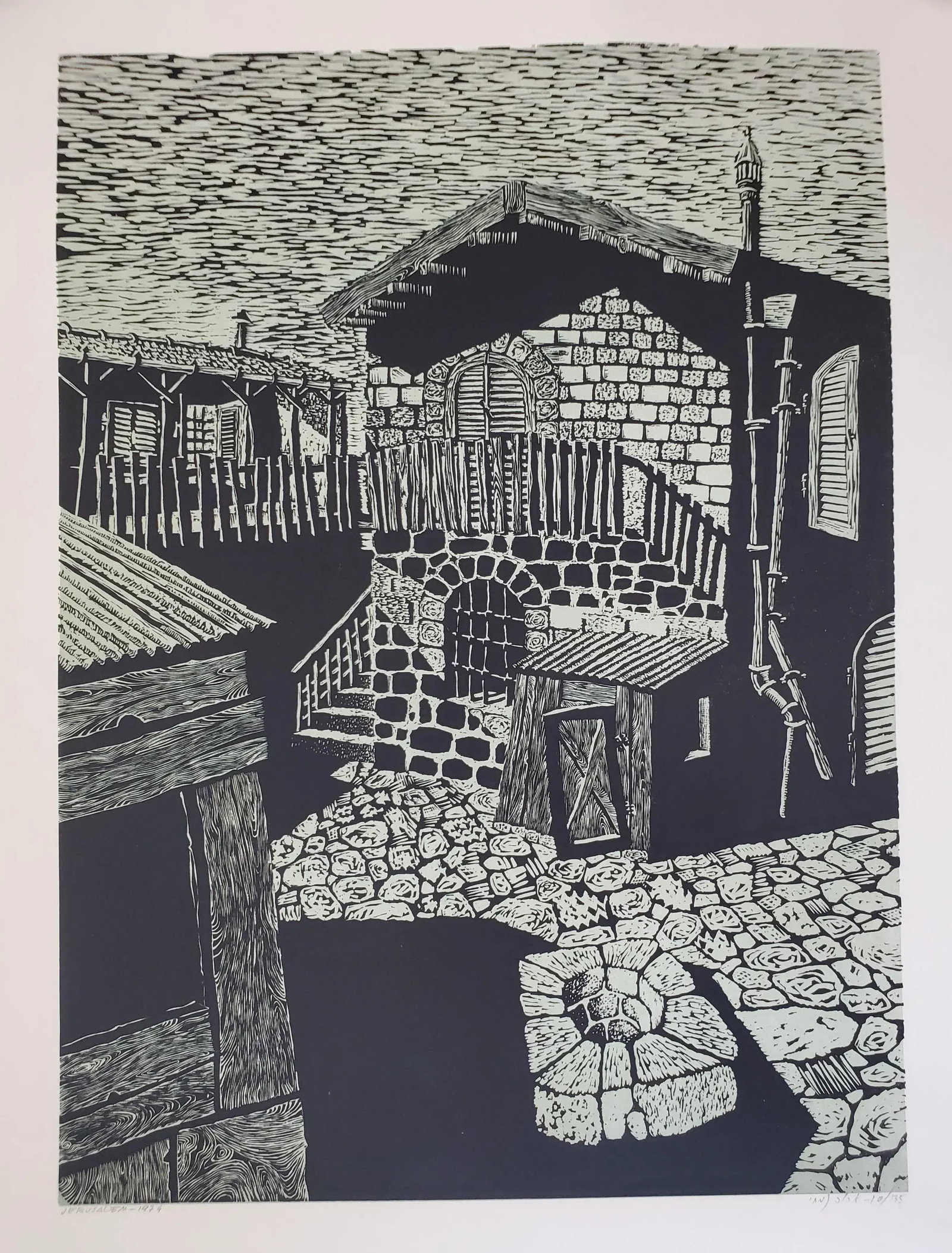 A Vintage Linocut Block Print Signed Arieh Kimhi, Jerusalem 1974, Numbered 10/135 - 3