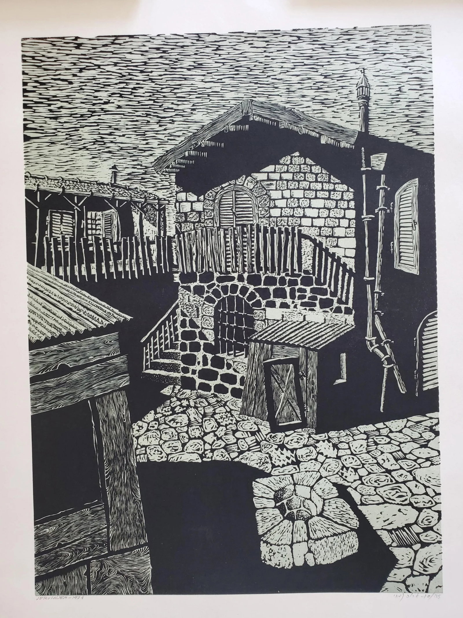 A Vintage Linocut Block Print Signed Arieh Kimhi, Jerusalem 1974, Numbered 10/135 - 6