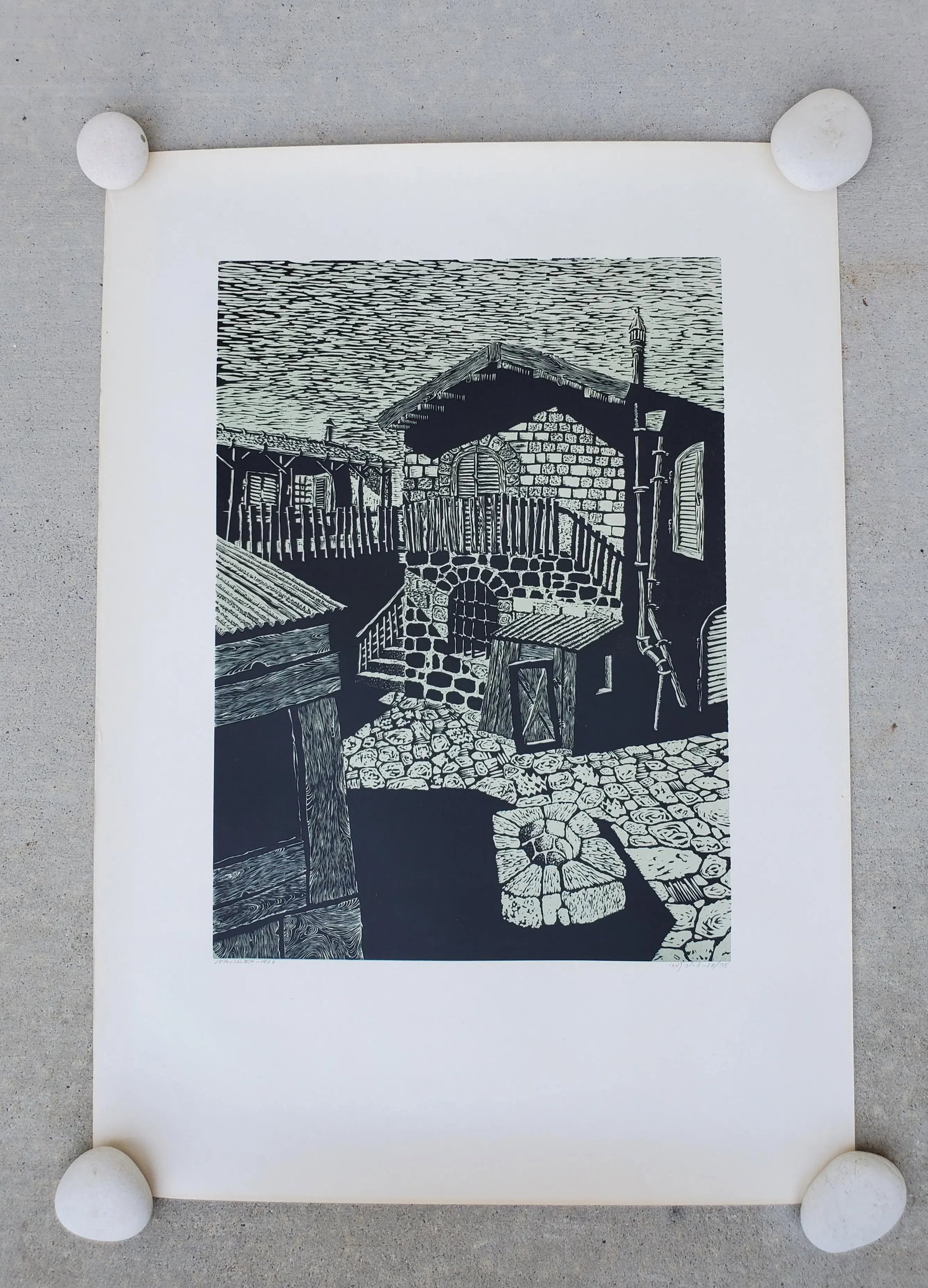 A Vintage Linocut Block Print Signed Arieh Kimhi, Jerusalem 1974, Numbered 10/135 - 8