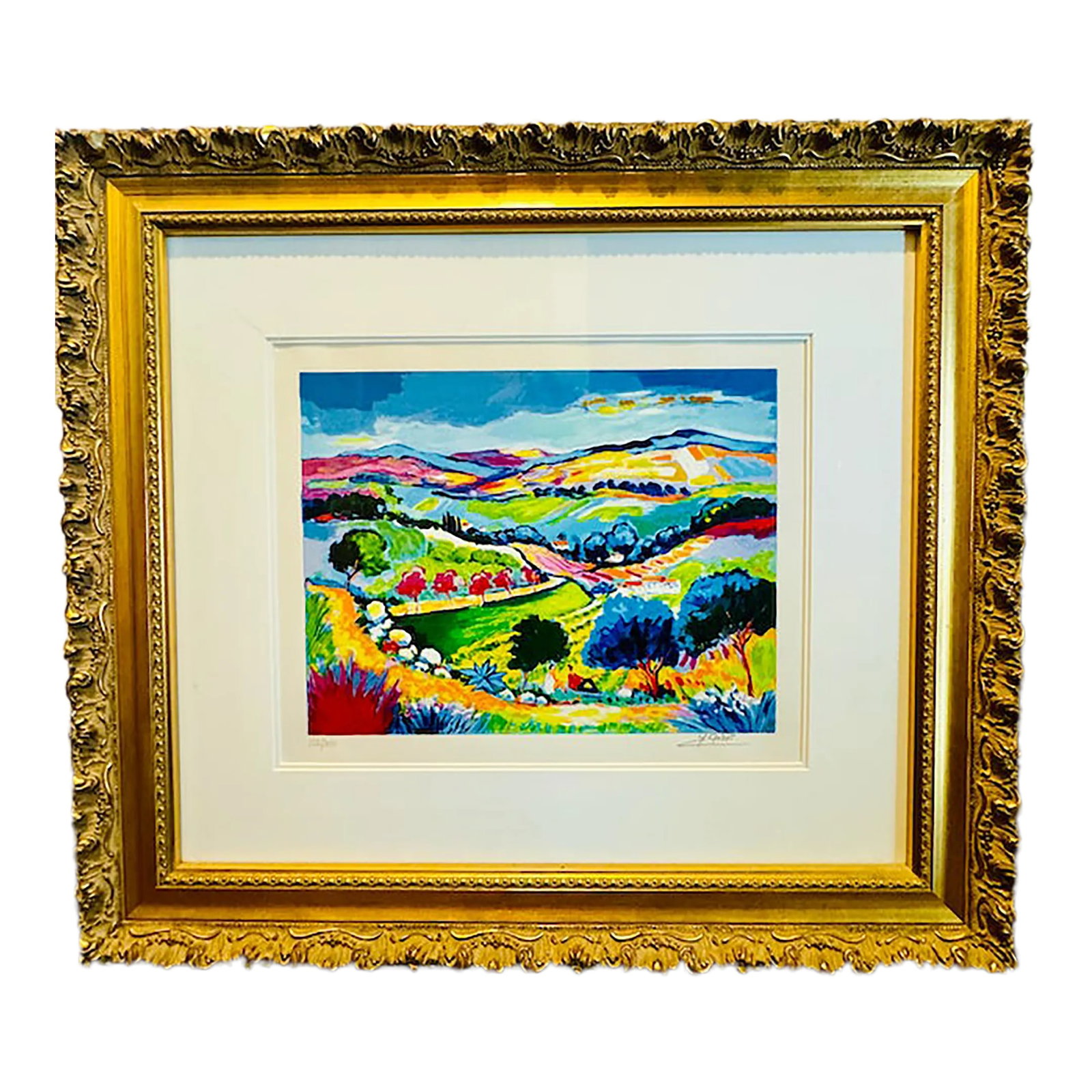 1980s Jean-Claude Pico Art, Framed, Serigraph Signed & Numbered 256/350: Jean-Claude Picot Landscape framed, Signed & Numbered Serigraph, size 26" wide x 23 1/2" high, frame thickness 1 3/4". 3" double mat. Gold frame, glass, wire attached on back. Jean Claude Picot is a F