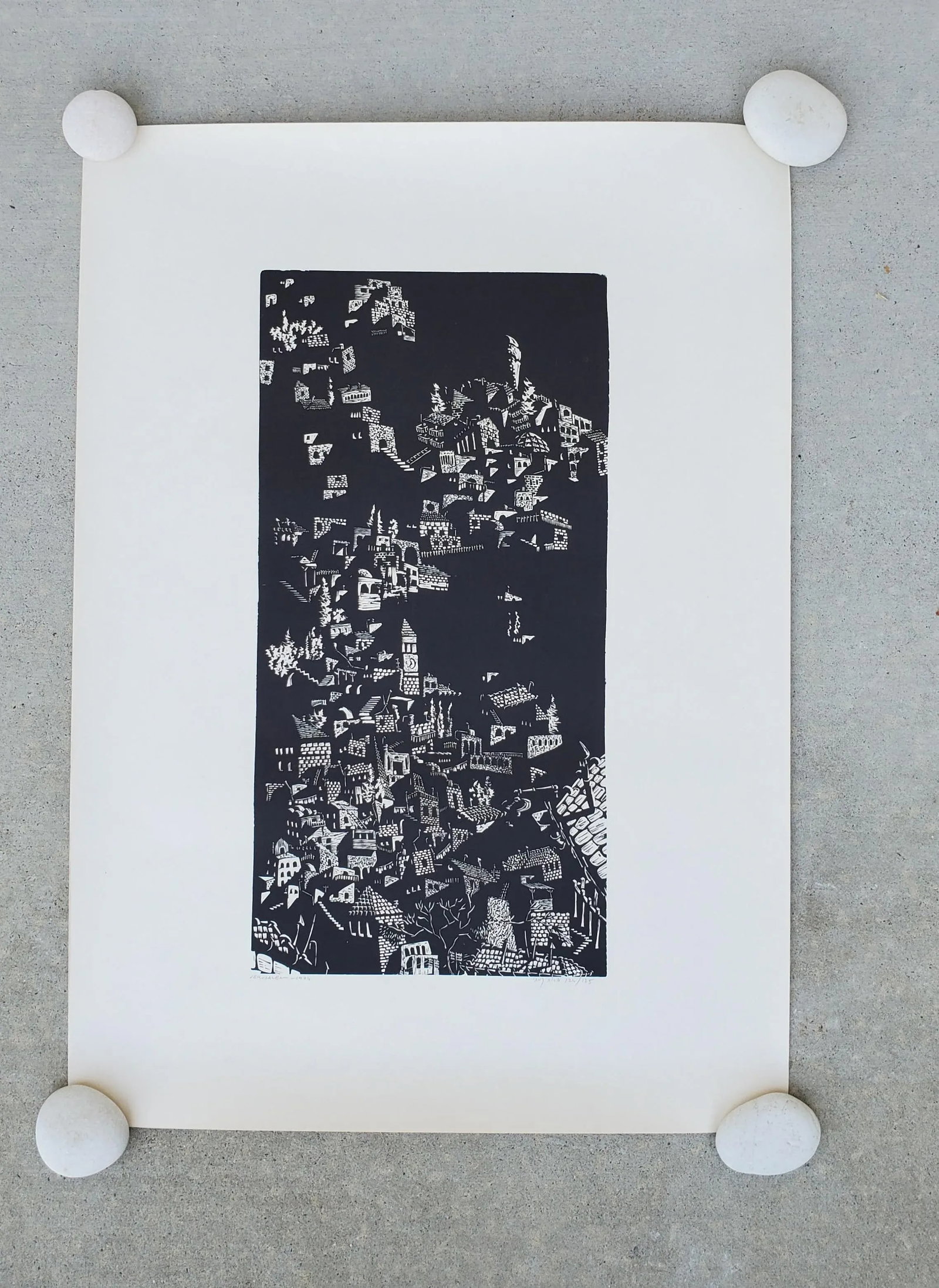 A Vintage Linocut Block Print Signed Arieh Kimhi, Jerusalem 1974, Numbered 124/135 - 4
