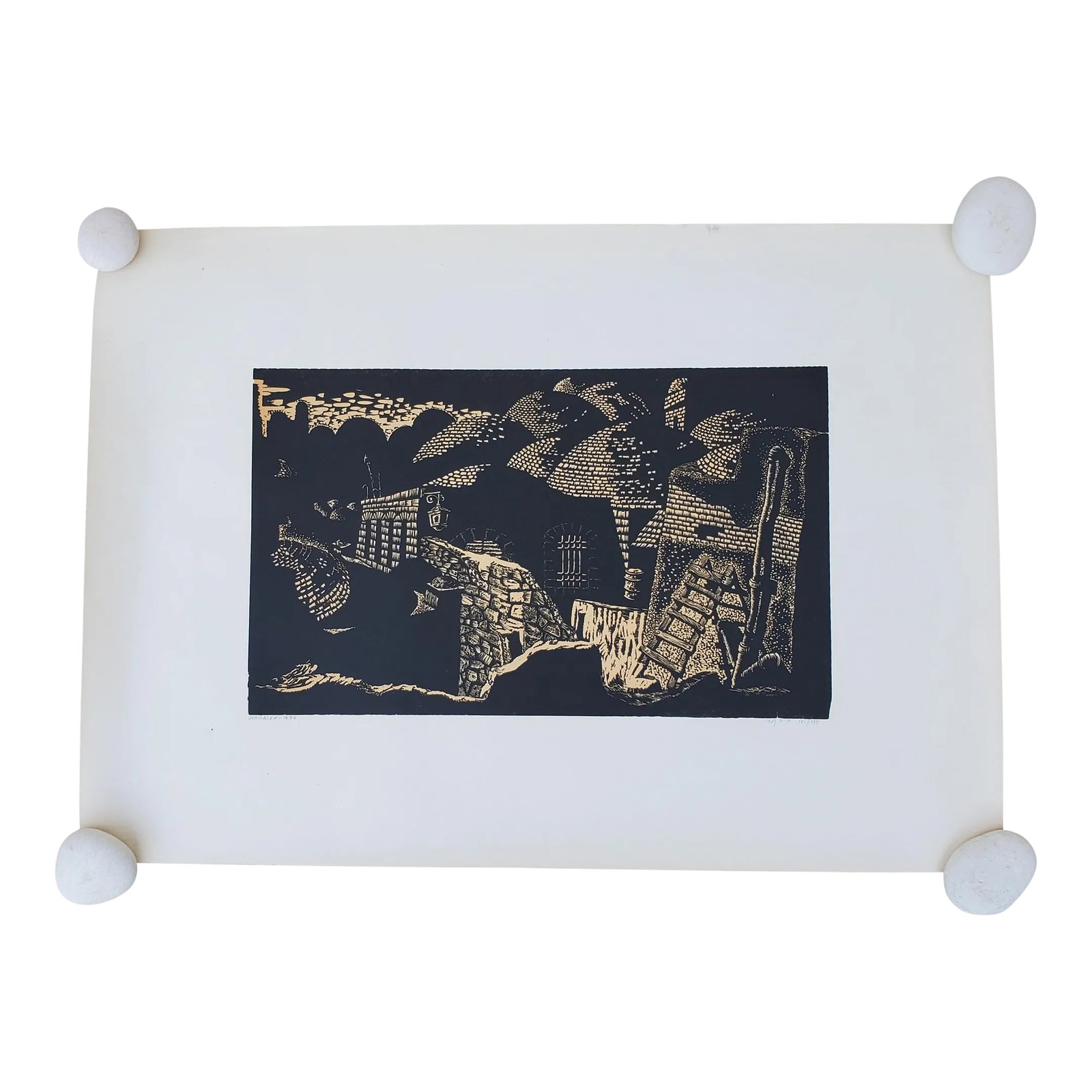 A Vintage Linocut Block Print Signed Arieh Kimhi, Jerusalem 1974, Numbered 131/135 (1 of 12)
