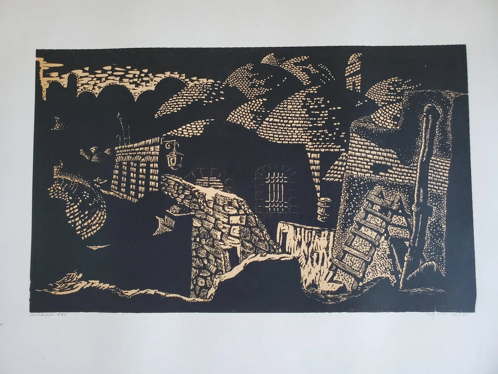 A Vintage Linocut Block Print Signed Arieh Kimhi, Jerusalem 1974, Numbered 131/135 - 2