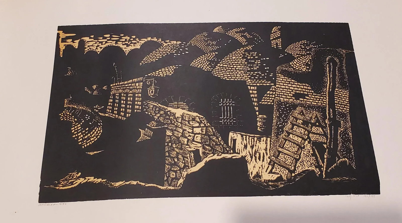 A Vintage Linocut Block Print Signed Arieh Kimhi, Jerusalem 1974, Numbered 131/135 - 3