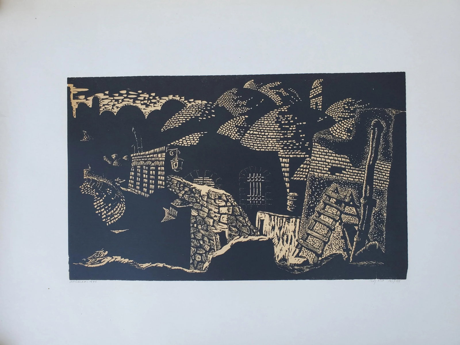 A Vintage Linocut Block Print Signed Arieh Kimhi, Jerusalem 1974, Numbered 131/135 - 4