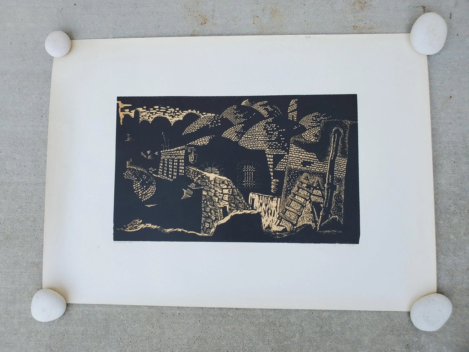 A Vintage Linocut Block Print Signed Arieh Kimhi, Jerusalem 1974, Numbered 131/135 - 7