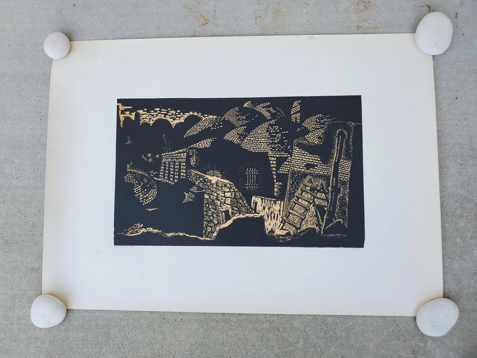 A Vintage Linocut Block Print Signed Arieh Kimhi, Jerusalem 1974, Numbered 131/135 - 8