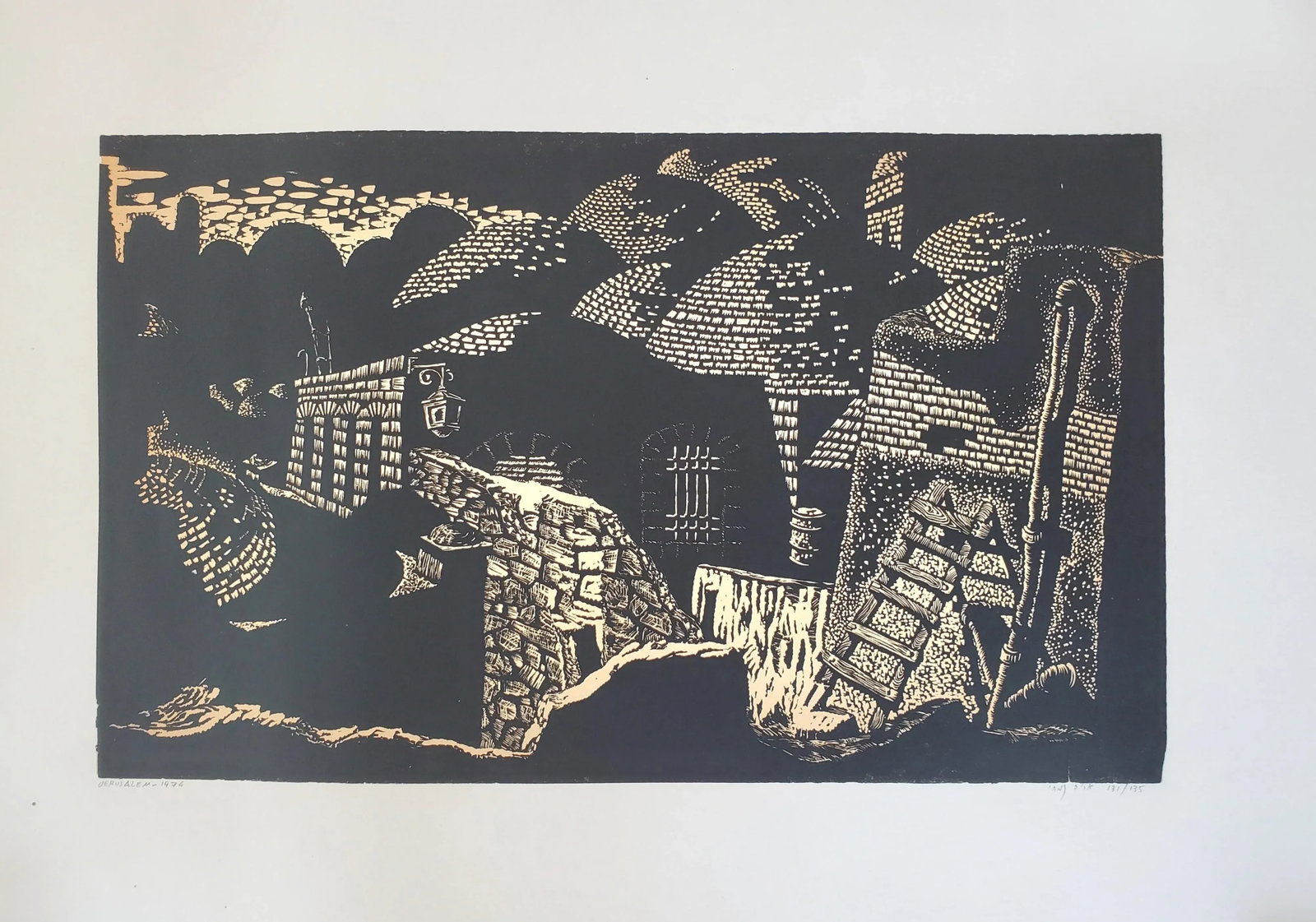 A Vintage Linocut Block Print Signed Arieh Kimhi, Jerusalem 1974, Numbered 131/135 - 9