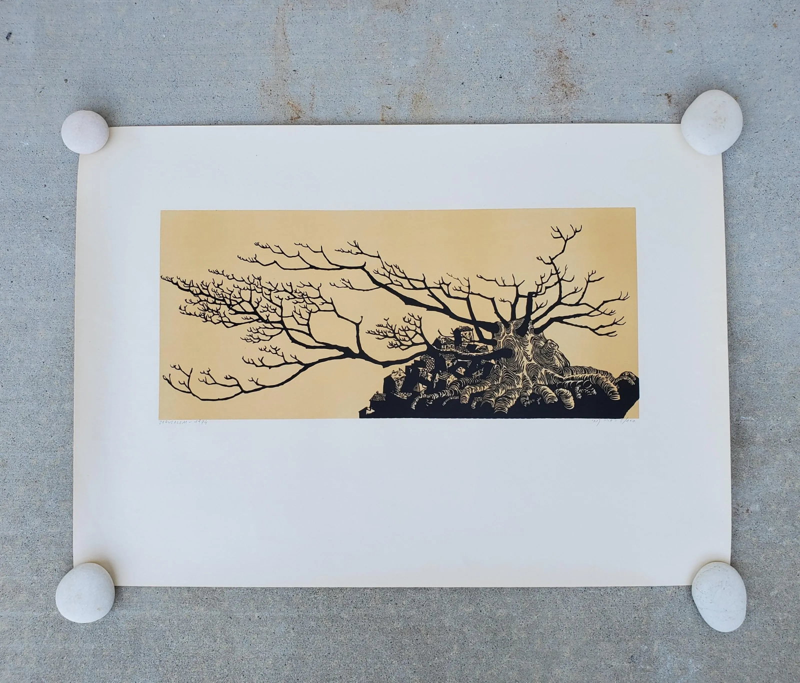A Vintage Linocut Block Print Signed Arieh Kimhi, Jerusalem 1974, Numbered 5/120 - 12