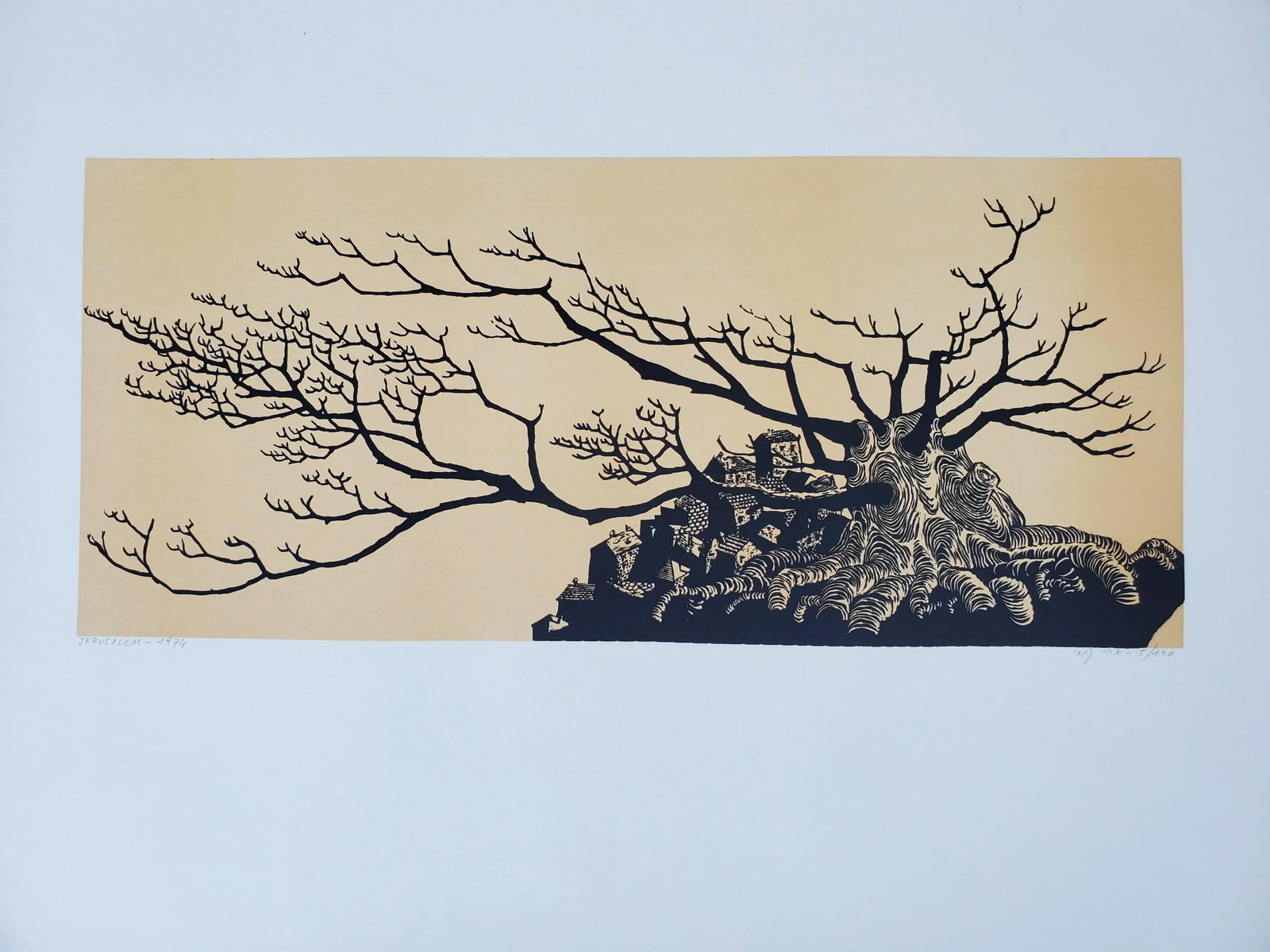 A Vintage Linocut Block Print Signed Arieh Kimhi, Jerusalem 1974, Numbered 5/120 - 2
