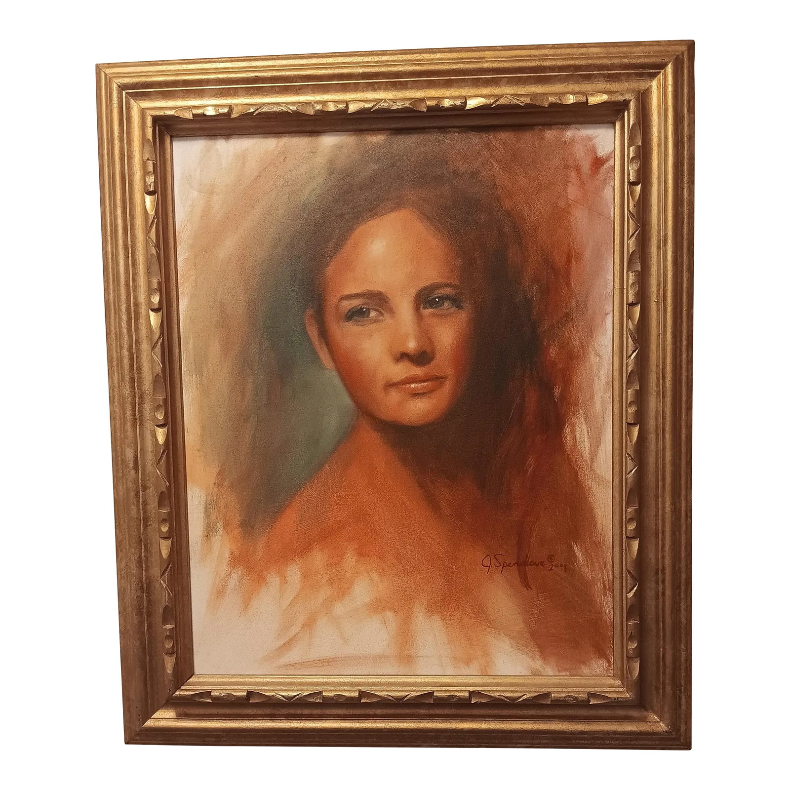 Mid 20th Century Oil on Canvas Portrait Painting of a Lady Signed J. Spendlove, Framed: Oil on canvass portrait of a lovely lady signed J. Spendlove This is a lovely but somewhat mysterious painting. It is not a painting on canvass but on a black cloth which has been heavily covered in
